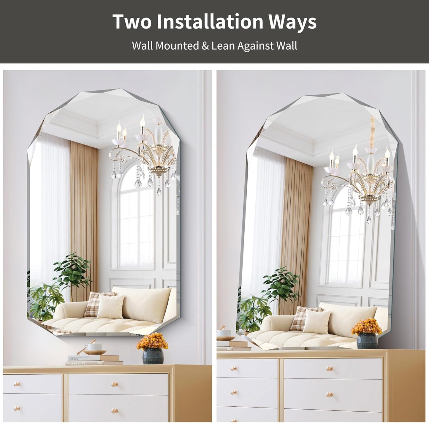 KOCUUY 30"x48" Frameless Mirror, Arched Shape with Diamond-Shaped Beveled Edge,Unframed Decorative with Upgraded Shatterproof Glass,Unique Frameless Mirror for Bathroom,Living Room,Bedroom