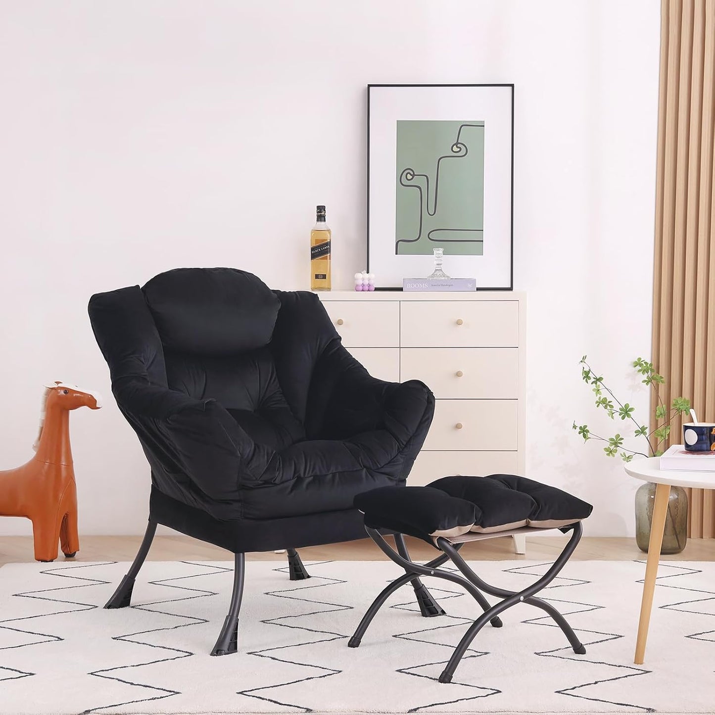 Lazy Chair with Ottoman, Modern Accent Chair Contemporary Lounge Leisure Sofa Chair with Armrests, Reading Chair and Folding Footstool Set for Living Room, Bedroom, Office, Velvet Black