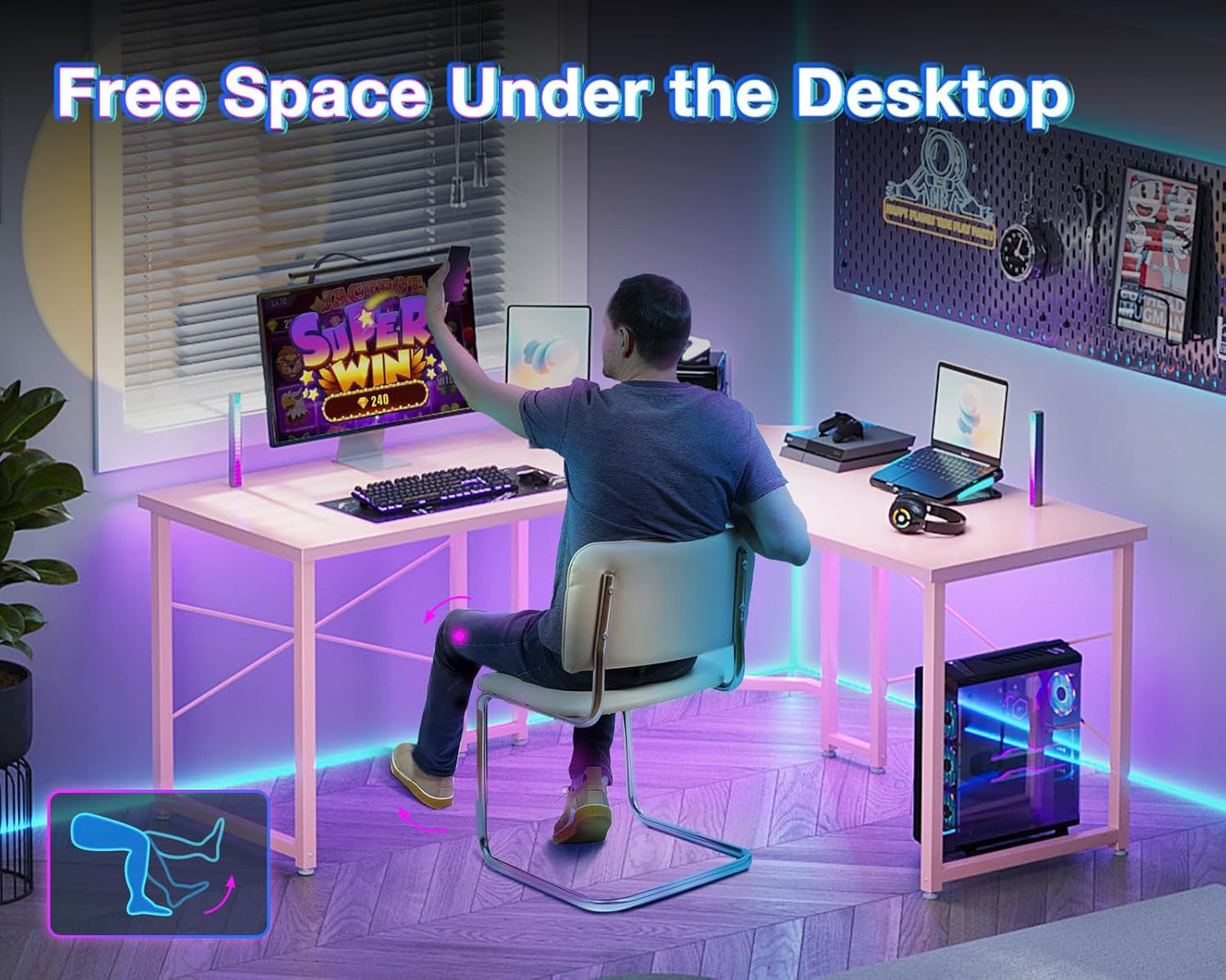 Casaottima L Shaped Gaming Desk, Corner Desk Gaming Table for Home Office, Computer Desk Sturdy Writing Workstation for Small Space, Easy to Assemble, 51 inch, Carbon Fiber Surface, Pink