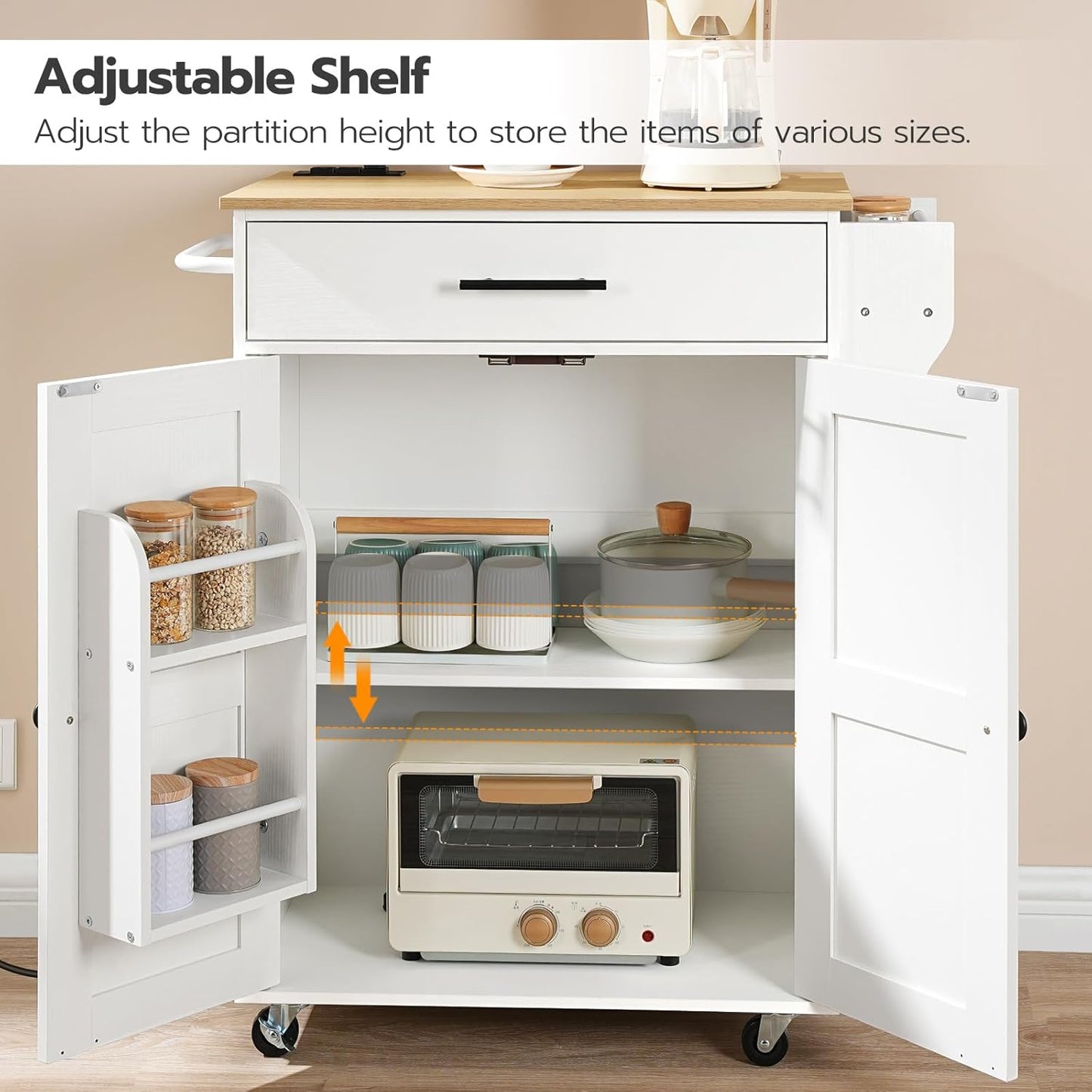 HOOBRO Kitchen Island with Power Outlet, Kitchen Storage Island with Large Worktop, Spice Rack and Drawer, Rolling Island on Wheels, for Dining Room, White and Natural