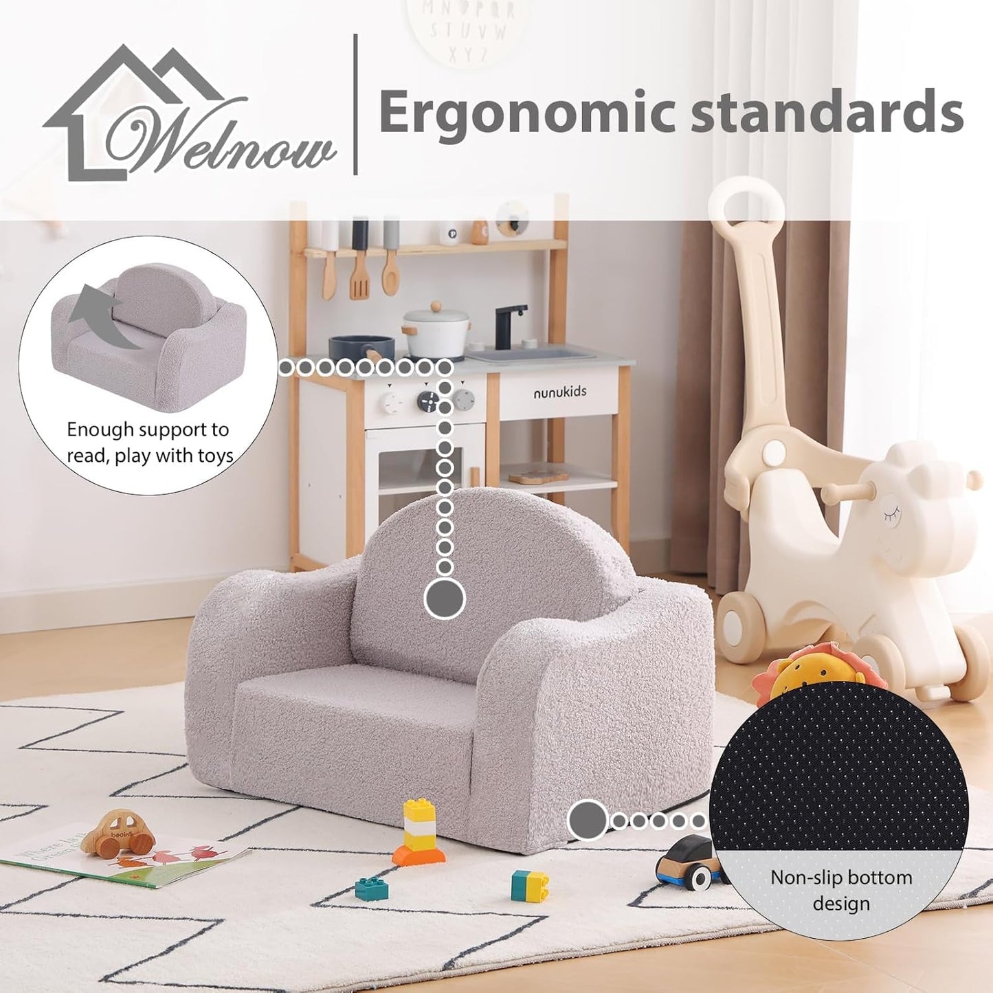 Welnow Kids Sofa, 2-in-1 Soft Sherpa Toddler Chair, Convertible Toddler Couch Lounger, Flip Out Kids Couch Chair with Side Pockets & Removable Cover for Girls and Boys, Grey