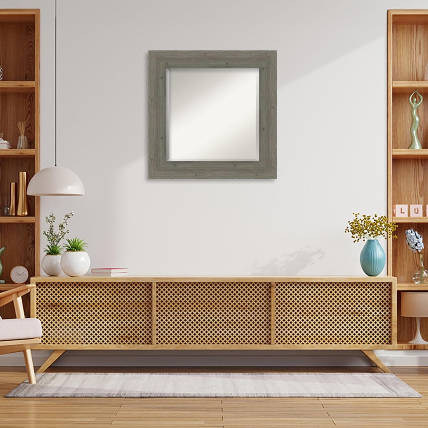 Amanti Art Grey Wall Mirror 27x27 Fencepost Grey Square Bathroom Mirror for Wall Decor Living Room, Medium Country Rustic Wood Frame, Hangs Horizonally and Vertically, Bathroom Decor, Beveled Edge