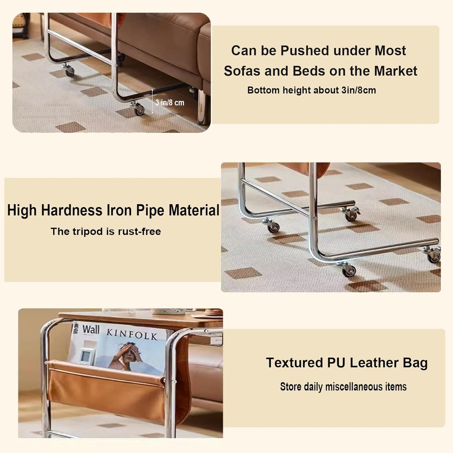 C-Shaped End Table, Sofa Side Table with Rotating Wheels, Rolling End Table with Storage, Small Couch Side Table for Bedroom, Swivel Tray Table for Living Room, Office