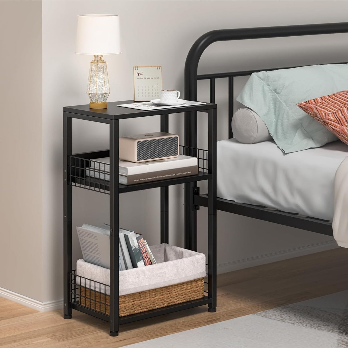 LELELINKY Side Table with Storage, Black Night Stand for Small Spaces, 3 Tier Industrial Wooden Record Player Holder with Vinyl Storage Shelf, End Tables Printer Stand for Bedroom