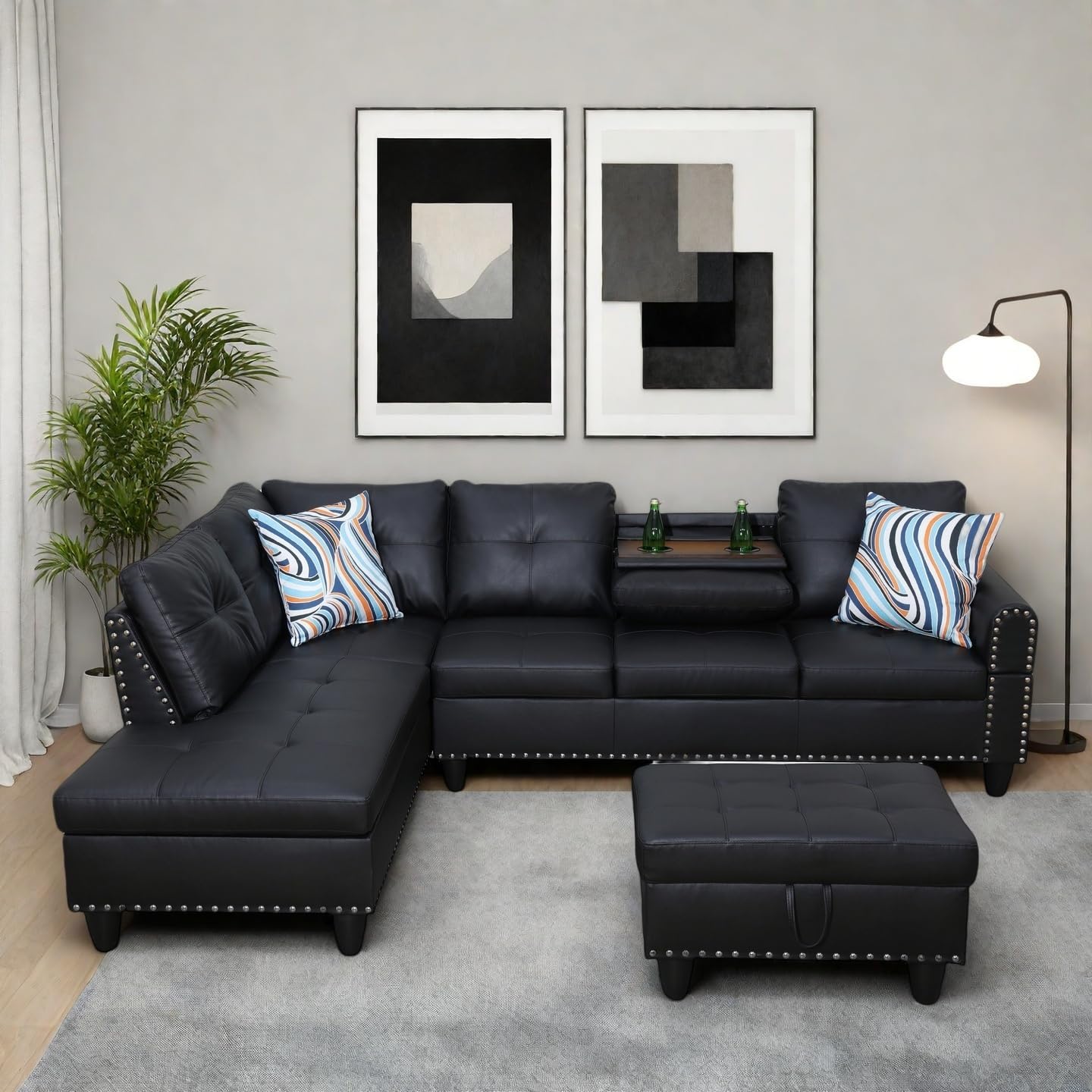 Modern Living Room Furniture Sets with Cup Holder, Modular Sectional Couches with Chaise Lounge, 4-Seaters L Shape Sofa with Storage Ottoman, for Living Room, Faux Leather, Black