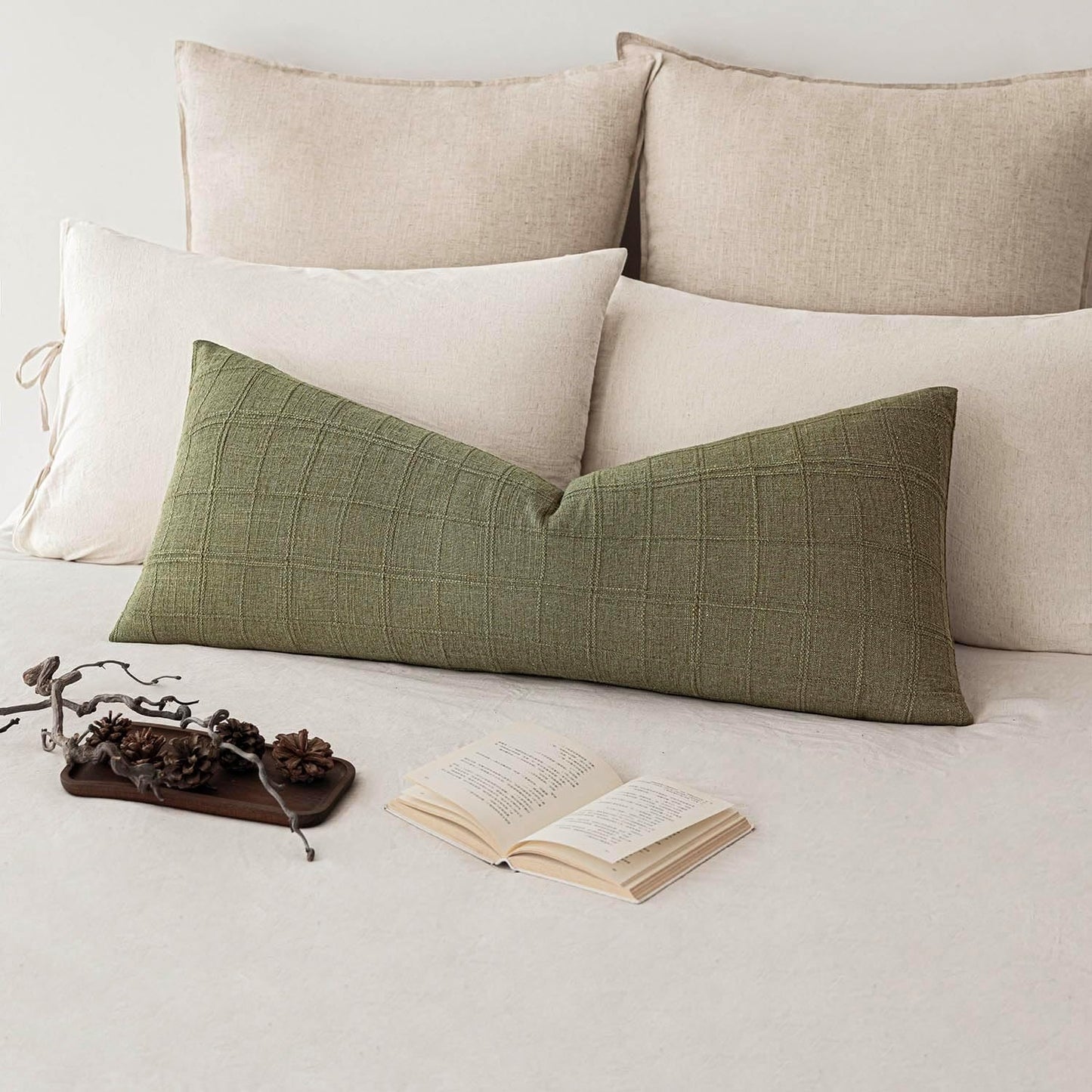 Foindtower Set of 2 Decorative Linen Check Throw Pillow Covers Neutral Long Body Lumbar Cushion Covers Farmhouse Vintage Boho Home Decor for Sofa Chair Couch Bedroom Living Room,14×36 Inch,Sage Green