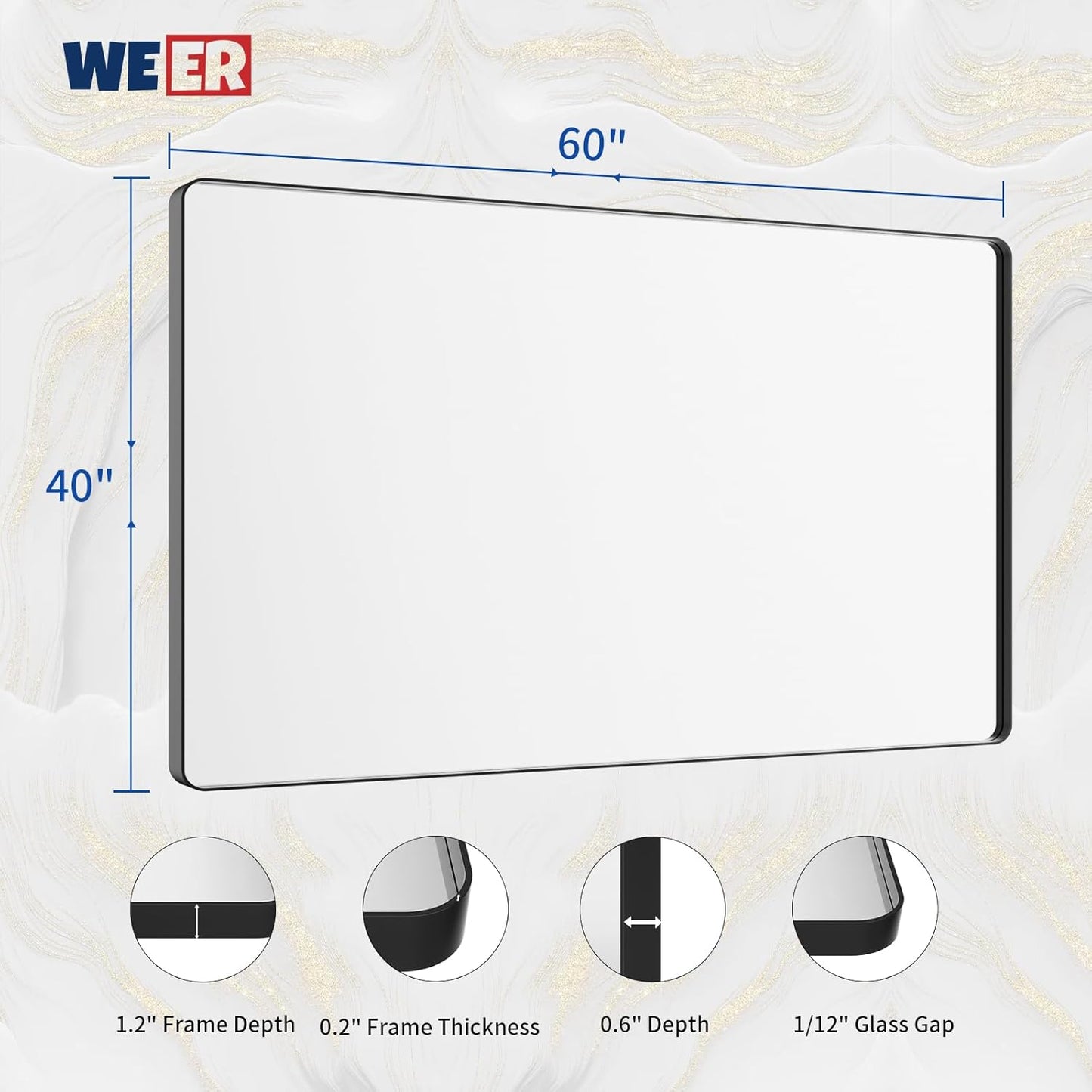 WEER Black Bathroom Mirror for Wall, 60X40 Inch Matte Black Mirror, Rectangular Black Metal Framed Vanity Mirror with Tempered Glass, Rounded Corner, Anti-Rust (Horizontal/Vertical)