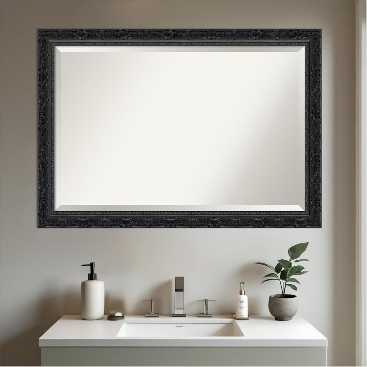 Amanti Art Bathroom Mirror for Over Sink, 29x41 Filigree Gloss Black Rectangle Vanity Mirror, Large Traditional Frame, Hangs Horizonally and Vertically, Bathroom Wall Decor, Beveled Edge