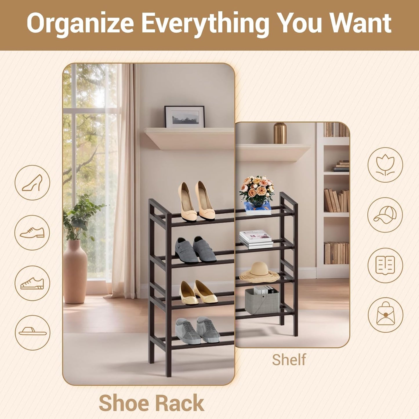 Haddockway Bamboo Shoe Rack for Closet, Free Standing Shoe Organizer with Smooth Round Rods & Convenient Handles, Stackable Shoe Storage Shelf for Entryway, Hallway(Brown, 4-Tier(Small))