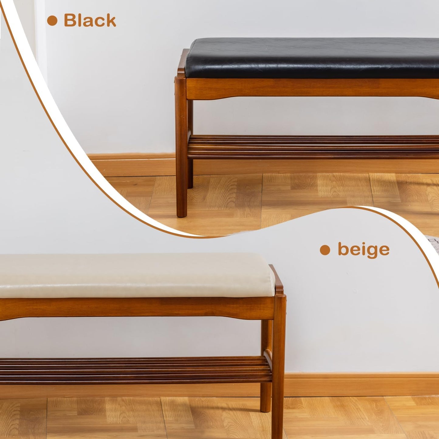 Shoe Bench, Entryway Bench, Wood 2-Tier Shoe Rack with Cushion Padded Seat Shoe Organizer (23.62",Black)