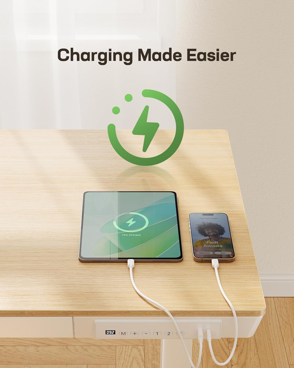 Marsail Electric Solid Standing Desk, 48 x 24 inch Standing Desk with Drawer, Sit Stand Desk with Tabletop & USB Charging Ports, Height Adjustable Desk with Storage for Home & Office Natural