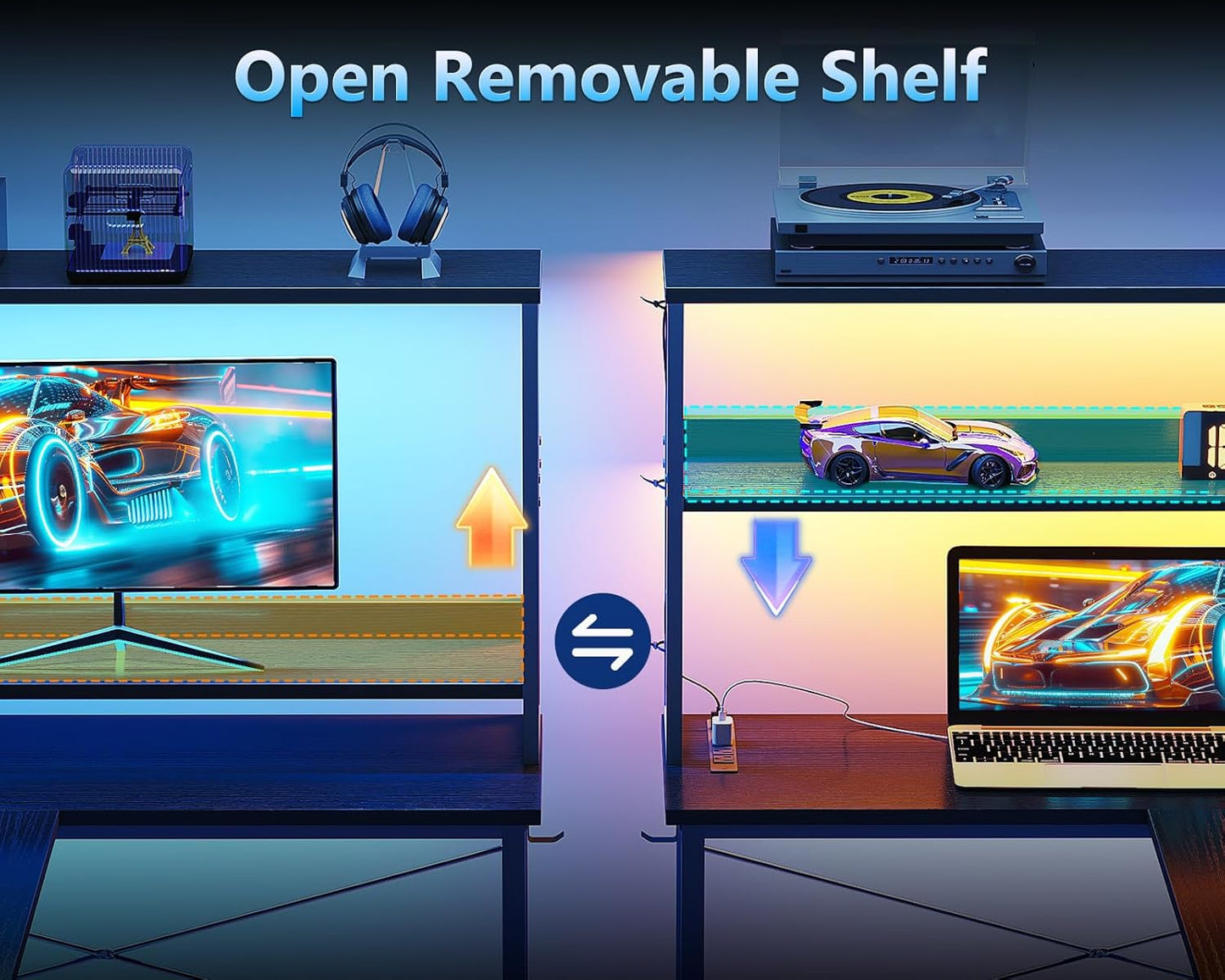 Casaottima Gaming Desk with Power Outlets & LED Lights, 43 Inch Reversible L Shaped Computer Desk with Shelves & Storage Bag, Corner Desk for Home Office, Black