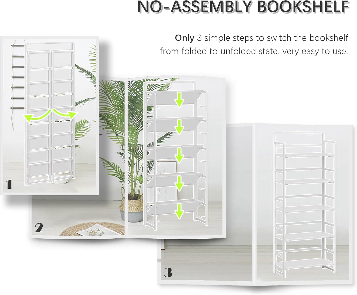 4NM No-Assembly 5 Tiers Folding Bookshelf Storage Shelves Vintage Bookcase Standing Racks Study Organizer Home Office (All White)