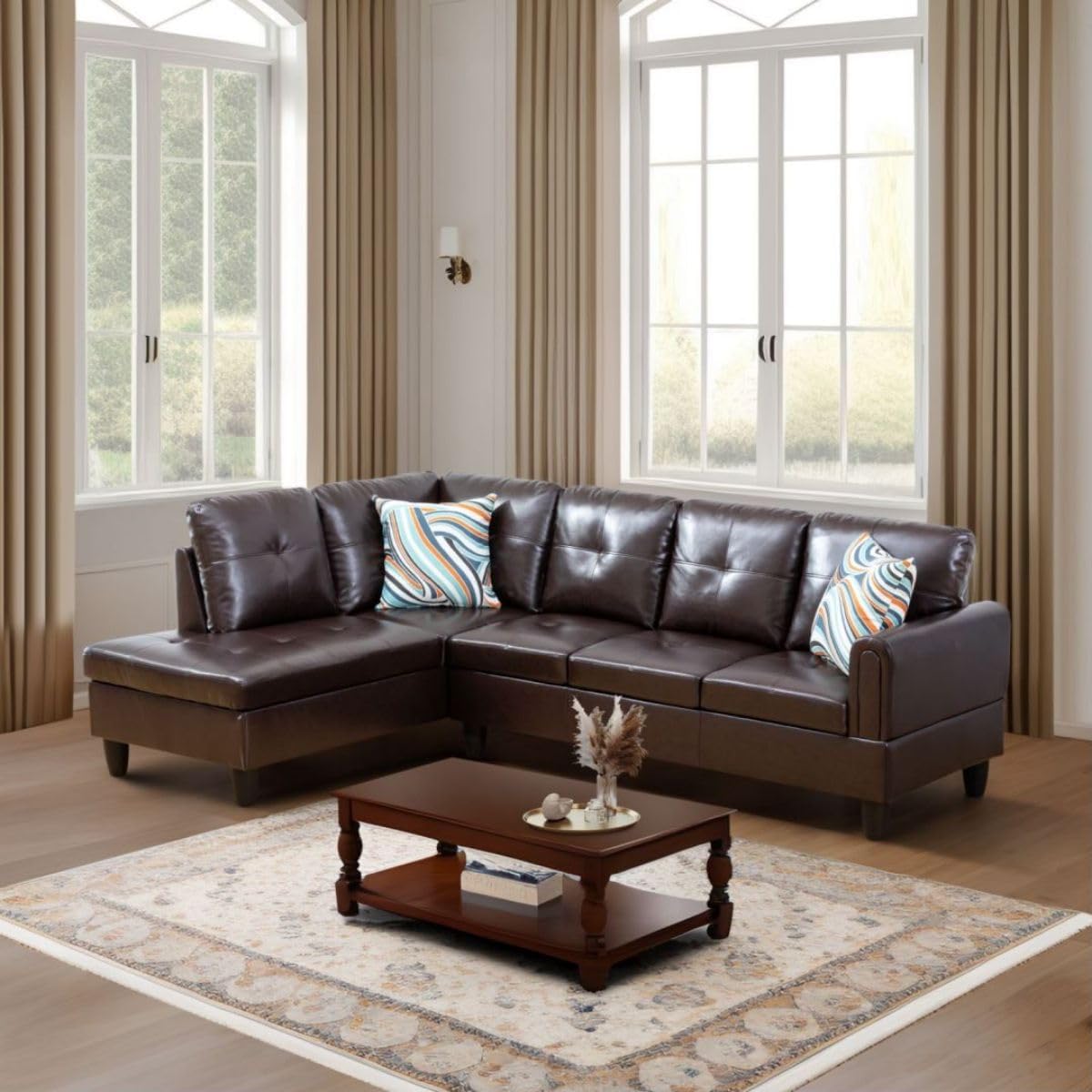 Brown L-Shaped 3-Piece Faux Leather Sofa with Storage Ottoman Set, Sectional Couch Sofa Set for Living Room, Office, Small Space