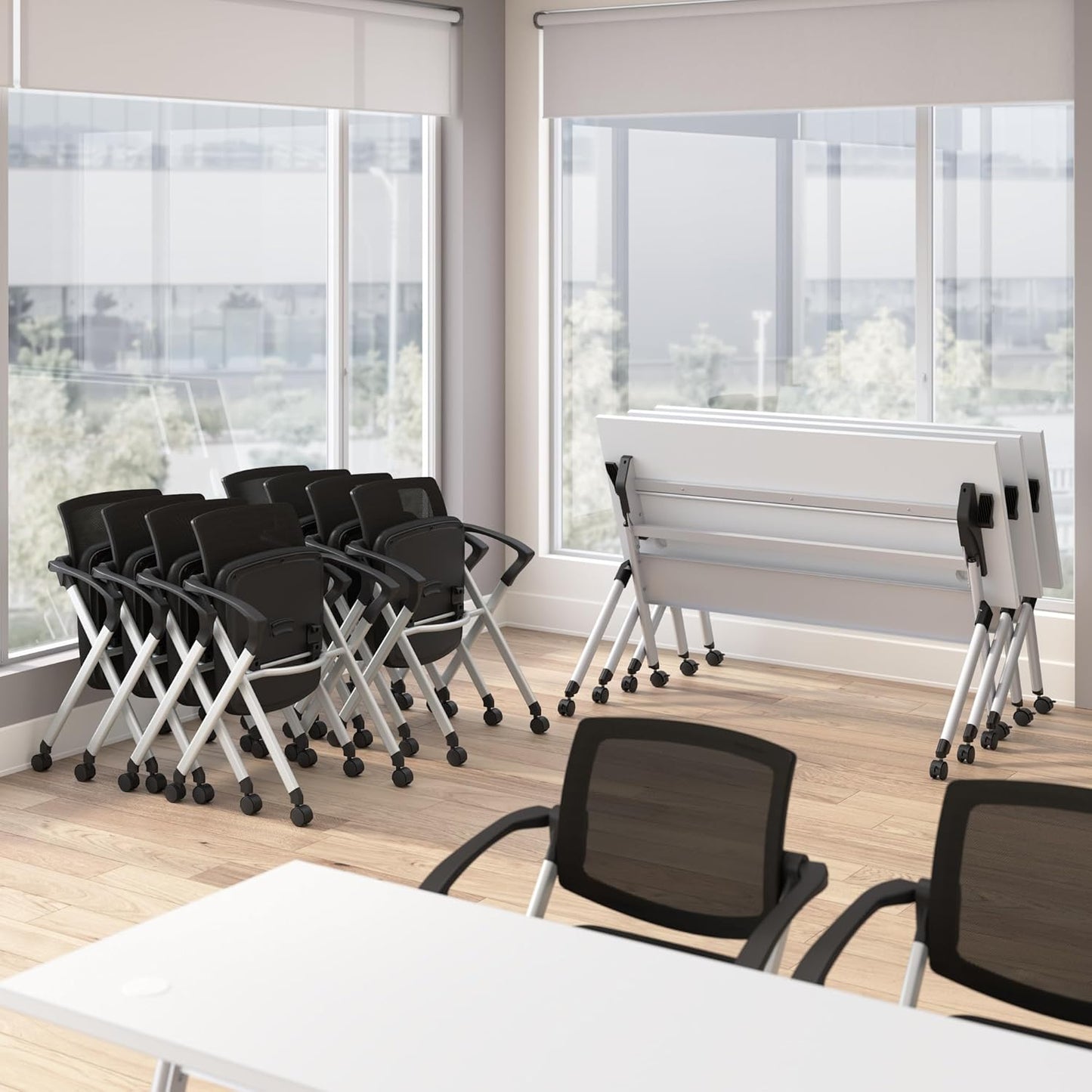 Bush Business Furniture Folding Training Table Set for 2, 72 inch, 2 Mesh Back Folding Chairs with Arms, Commercial-Grade Bundle for Office or Classroom, Envision Collection, White