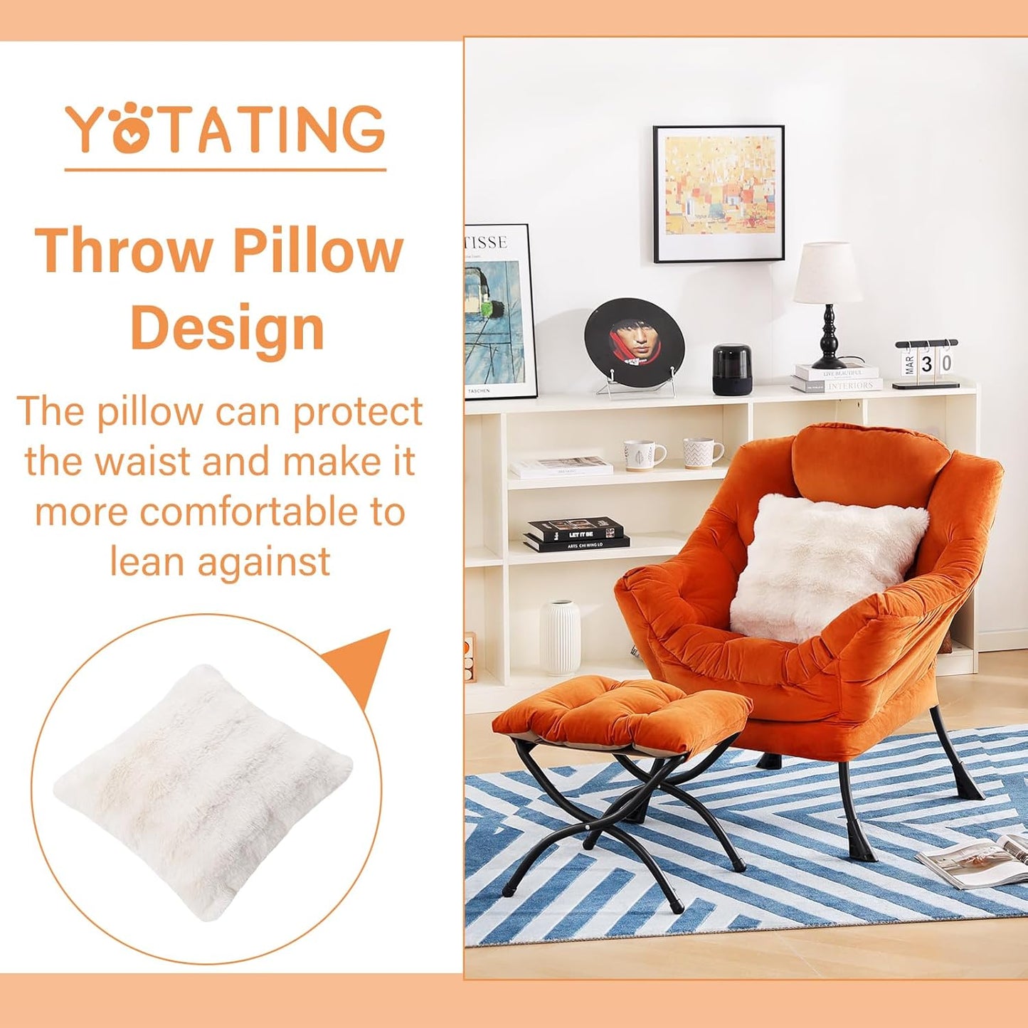 Lazy Chair with Ottoman, Comfy Reading Chair with Footstool & Throw Pillow Modern Lounge Accent Chair with Armrests & Side Pocket for Living Room, Bedroom, Dorm Room, Office