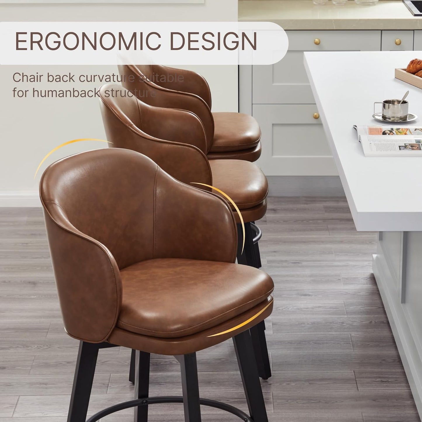 Counter Height Barstools 26 inch Upholstered Swivel Bar Stools with Back and Wood Legs for Kitchen Island,Set of 4,Brown PU Leather