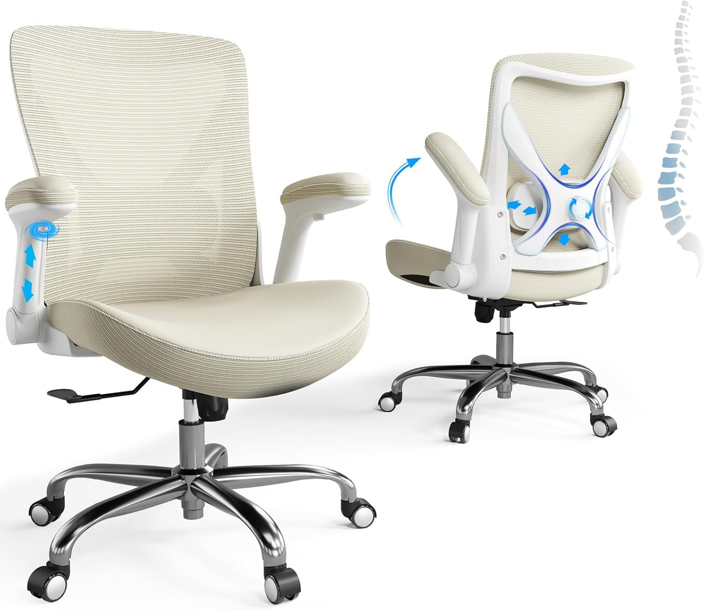 Home Office Ergonomic Chair-Computer PU Leather X-Shaped Desk Chair-Gaming Chair with Adjustable Flip-up Armrests Lumbar Support Mesh Executive Chair for Long Hours Office (Beige)