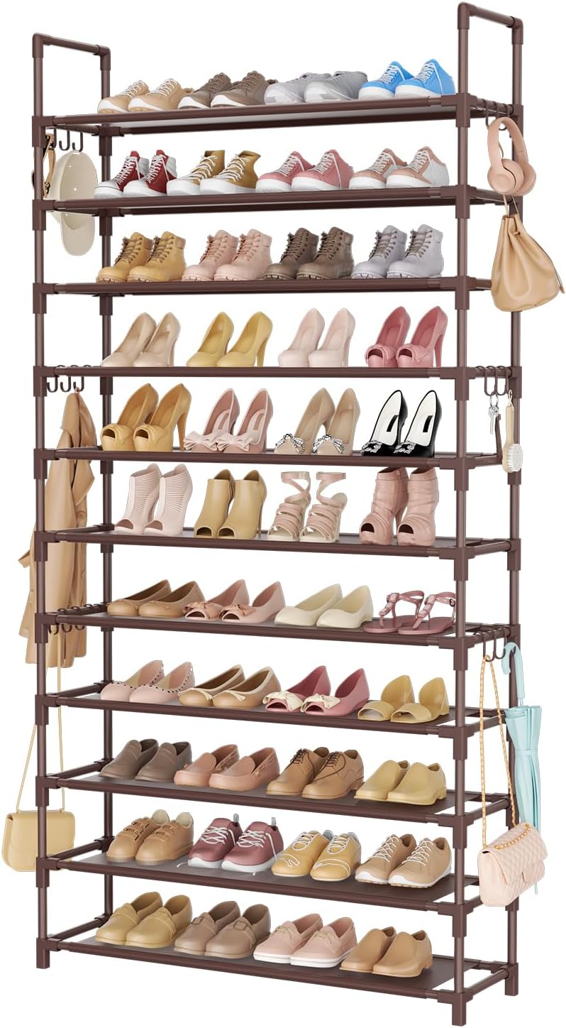 11 Tiers Tall Shoe Rack Holds 55 Pairs of Shoes with 18pcs Hooks Sturdy Wide Shoe Organizer Storage Free Standing Metal Shoe Shelf for Closet, Entryway Brown