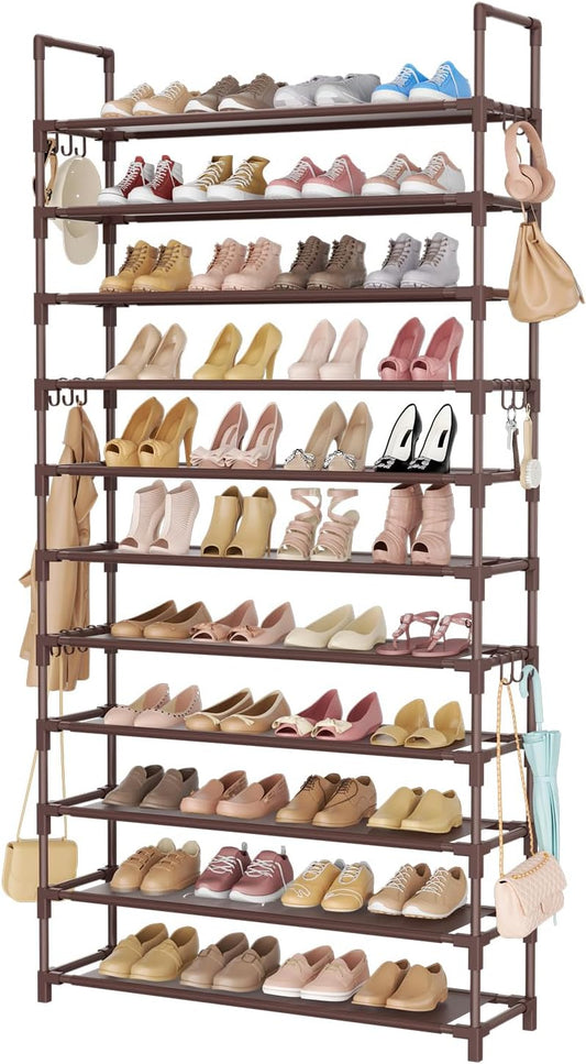 11 Tiers Tall Shoe Rack Holds 55 Pairs of Shoes with 18pcs Hooks Sturdy Wide Shoe Organizer Storage Free Standing Metal Shoe Shelf for Closet, Entryway Brown