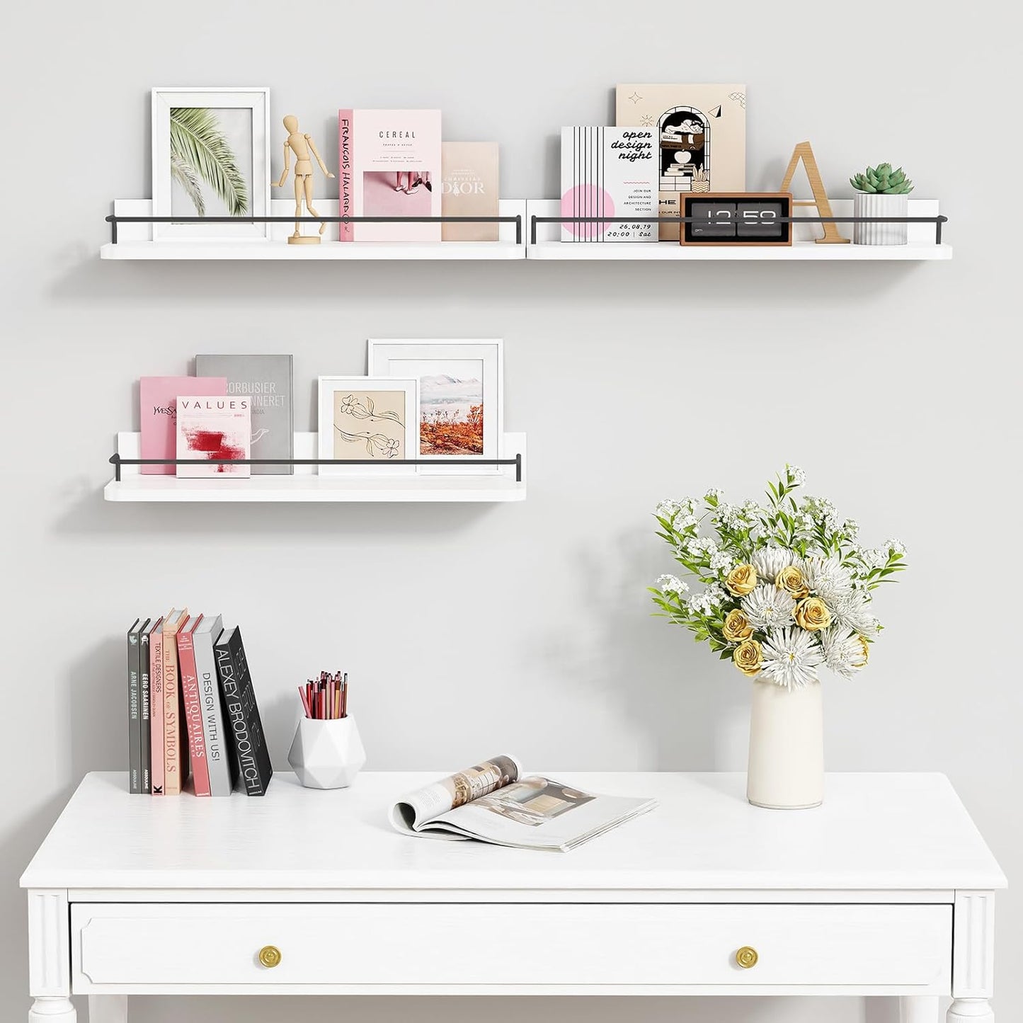 Forbena White Floating Shelves Bathroom Shelves Over Toilet Set of 3, Bathroom Organizers and Storage Shelves Wall Mounted, Modern Wood Corner Wall Shelf for Bedroom Closet -White and Dark Grey