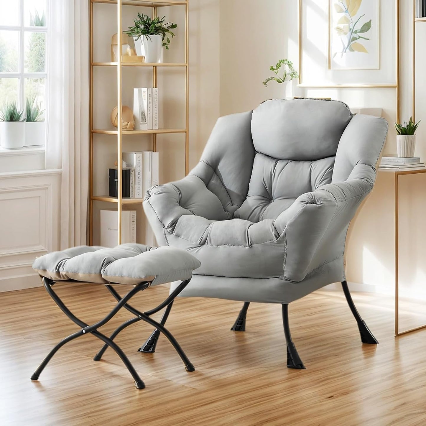 Lazy Chair with Ottoman, Large Modern Lounge Accent Chair with Armrests and Footrest, Reading Armchair with Ottoman, Leisure Sofa Chair for Living Room, Bedroom, Dorm Room (Light Grey)