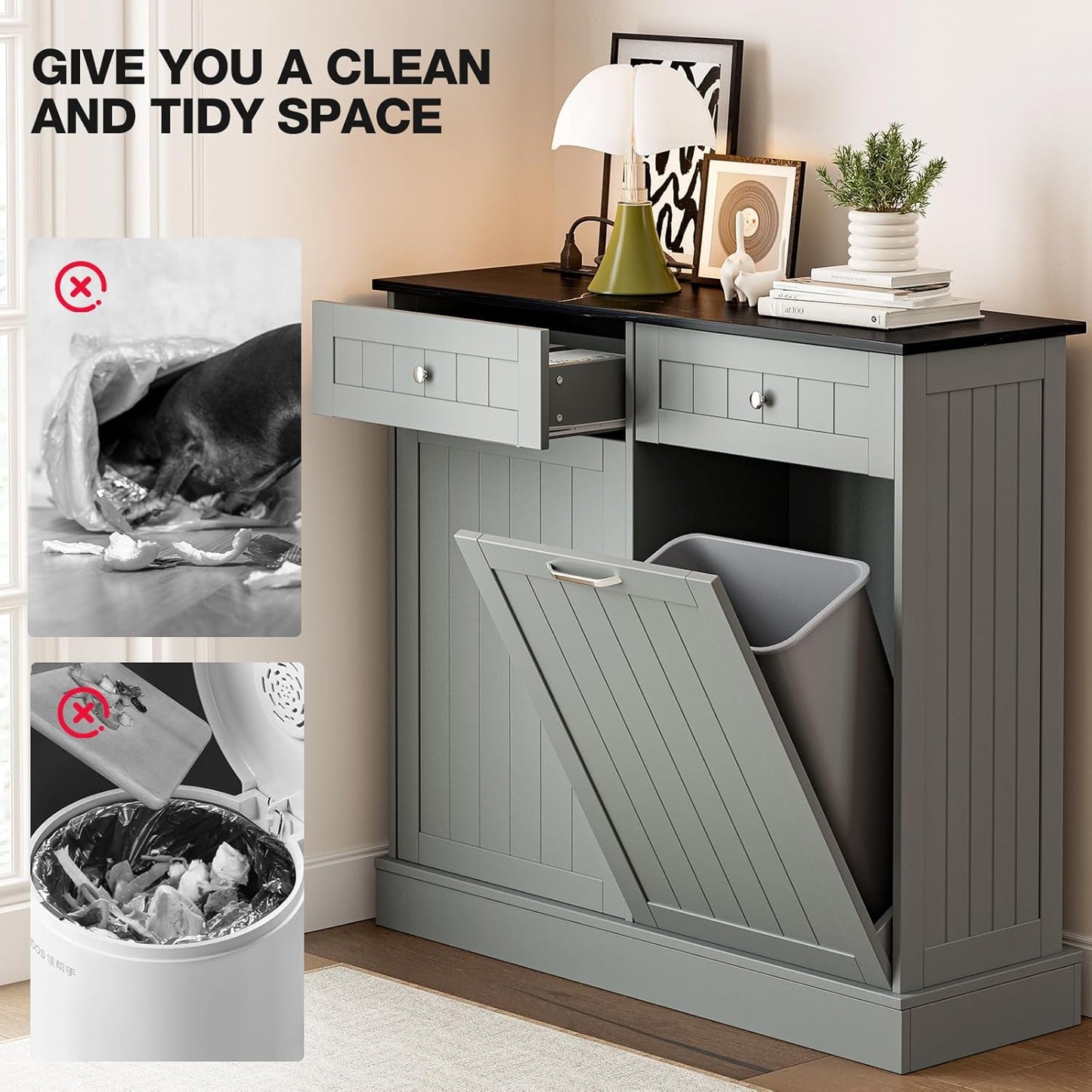 GAZHOME 20 Gallon Double Tilt Out Wooden Trash Cabinet with Charging Station, Upgrade Free Standing Recycling Cabinet with Outlet,Gray