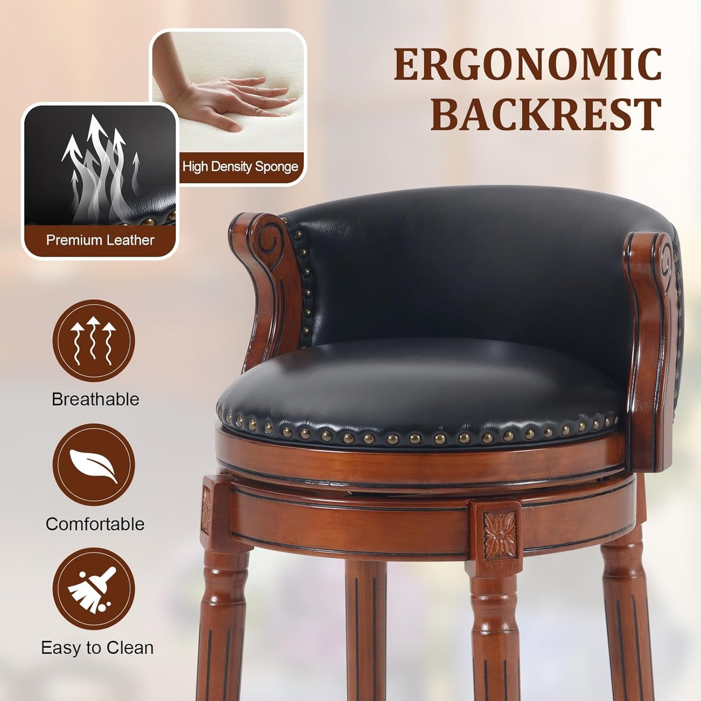 CozyRain Bar Stools Rubber Wood Counter Height Bar Stool Leather Upholstered Swivel Barstools with Back & Footrest for Home,Kitchen,Counter,Dining Room (Black, Seat Height 26 in)