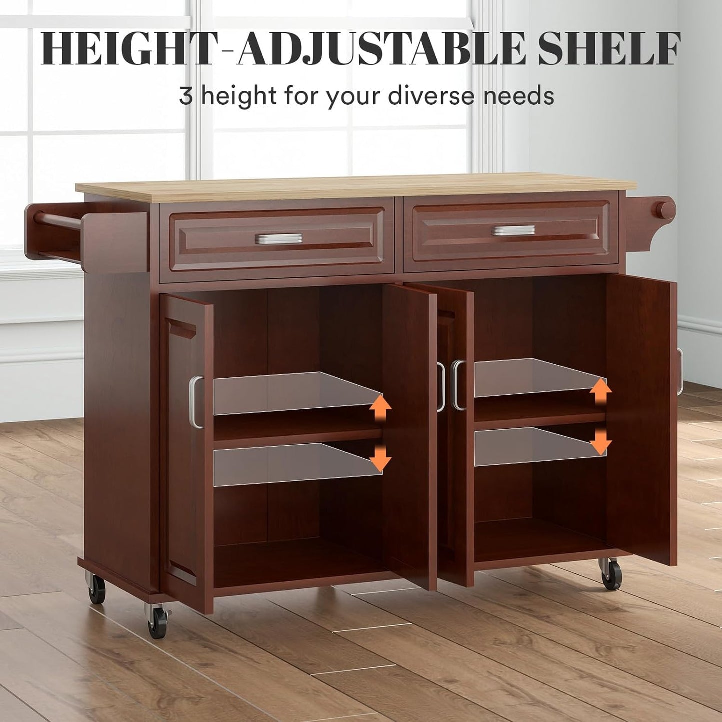 Rovibek Kitchen Island On Wheels Rolling Islands with Storage & Drawers Cabinet Spice Rack Towel Rack, Brown