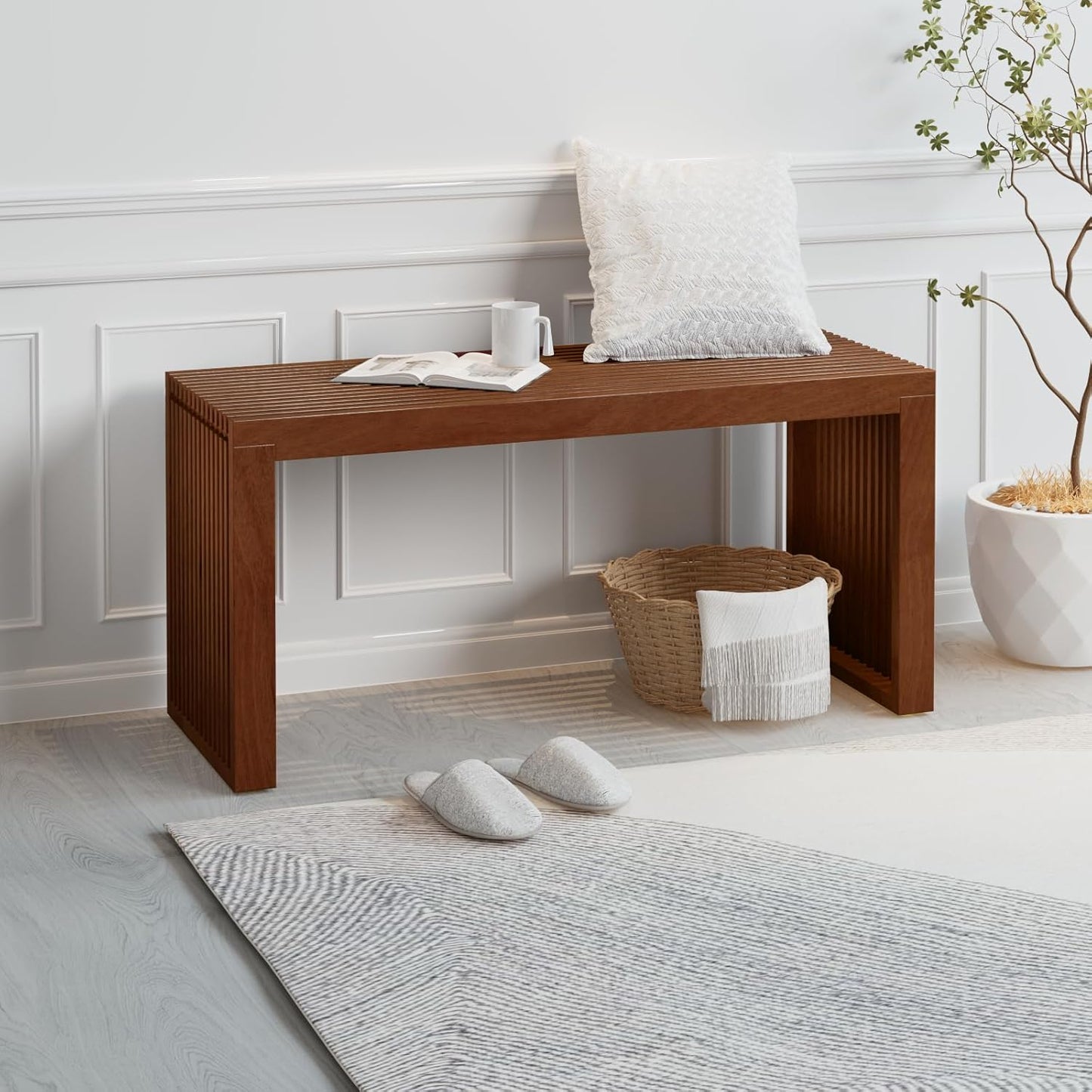 Bamboo Dining Bench Indoor Long Entryway Shoe Rack Bench,Outdoor Modern Wood Benches 35 Inch Bamboo Bench for Living Room Hallway Bedroom Bathroom