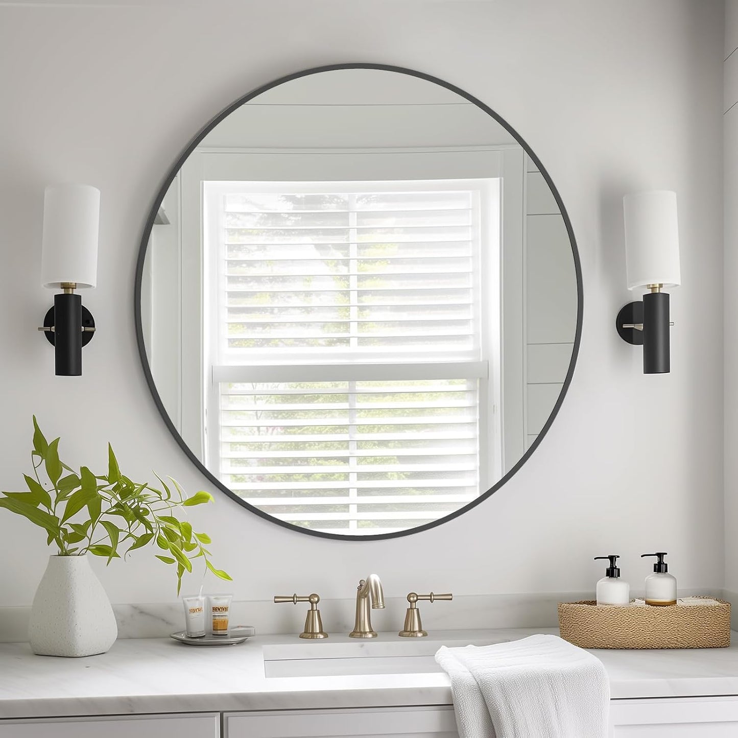 HOMECOOKIN Round Wall Mirror 28" Black Circle Mirror for Bathroom with Metal Framed, Round Gold Mirror for Wall Decor, Vanity, Entryway Living Room