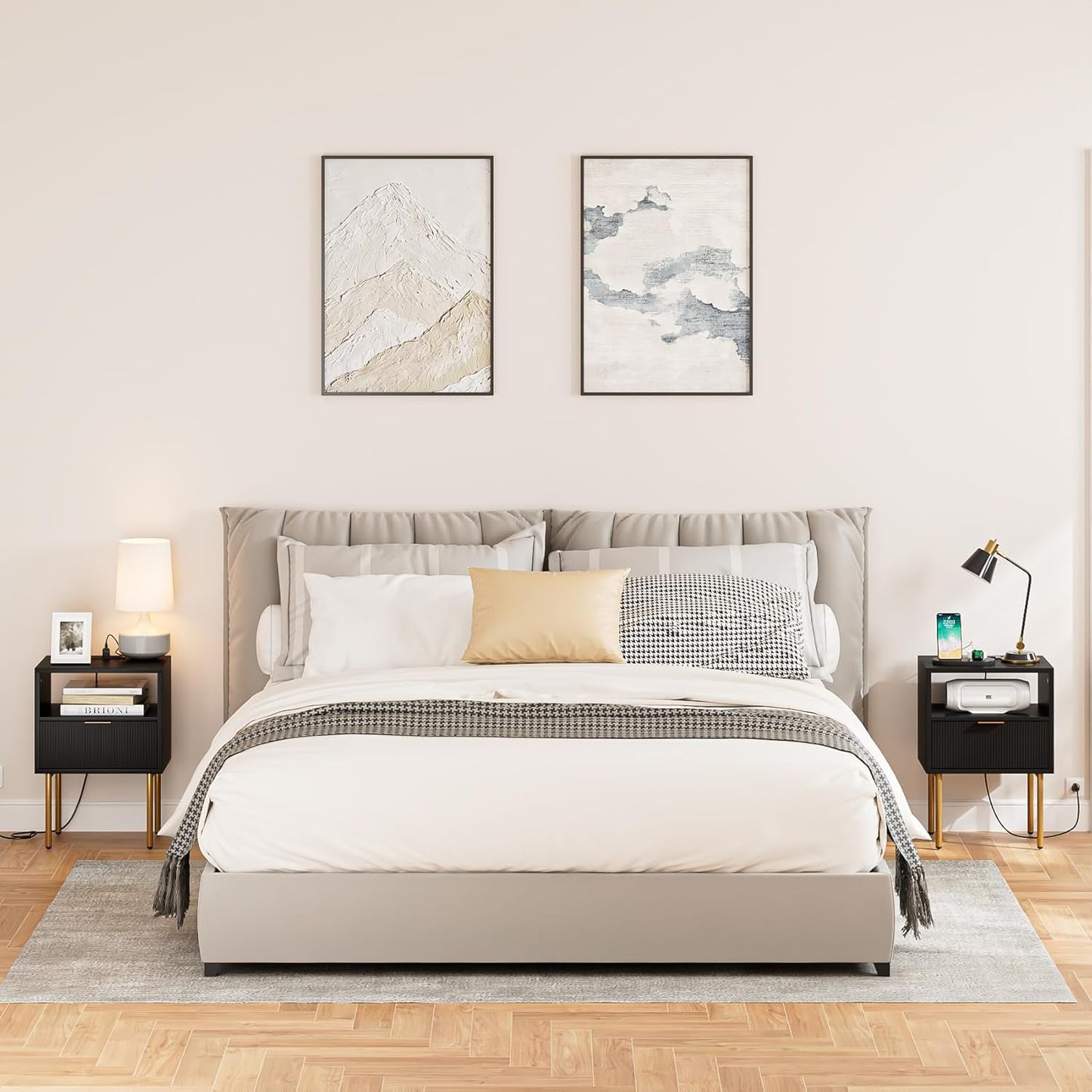 Nightstand,Small Bedside Table with Gold Frame,Morden Night Stand with 2 Drawer,End Table,Side Table with Drawer and Shelf for Bedroom,Living Room (Black-1Drawer-Outlet)