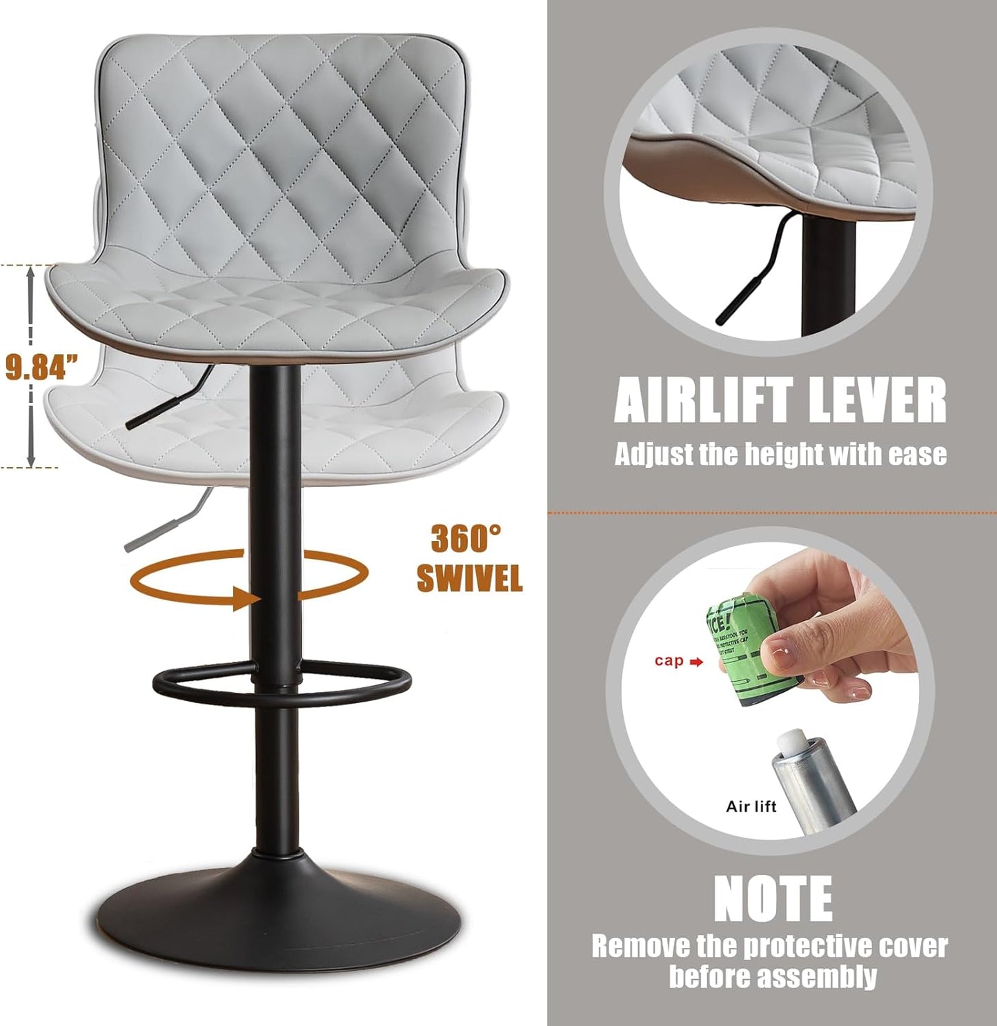 YOUNUOKE Bar Stools Set of 2 Faux Leather Barstools with Back Modern Swivel Counter Height Stools Adjustable Tall Bar Chairs for Kitchen Islands, Lattice Grey