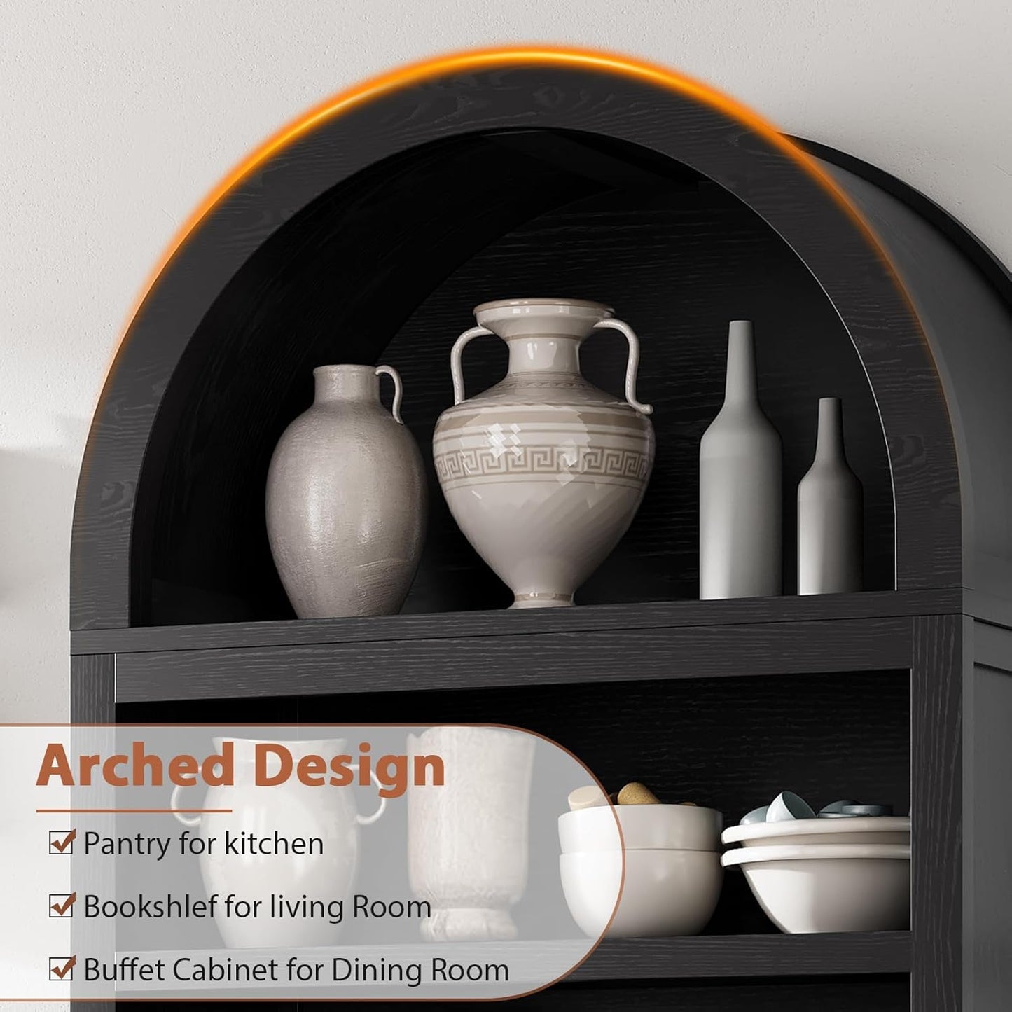 Arched Bookshelf Bookcase China Pantry Storage Cabinet with Doors and Shelves,Kitchen Pantry Cabinet,71“ Tall Food Pantry Furniture for Living Room, Dining Room (Black)
