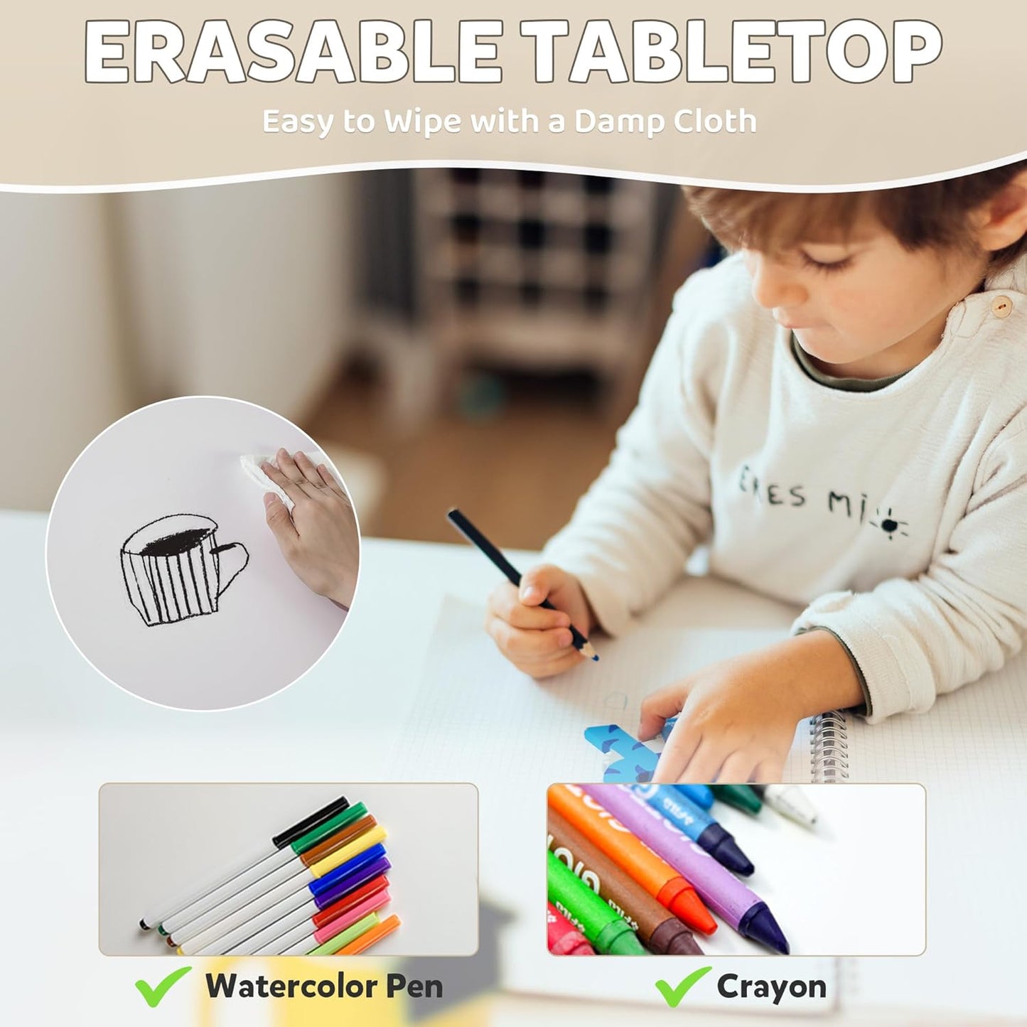 Adjustable Kids Table & Chairs Set for Ages 3-8 | 31.5"x23.6" Easy-Clean Activity Table | Meets ASTM/CPSC Standards for Daycare, Homeschool & Playroom (Natural, 2 Chairs)