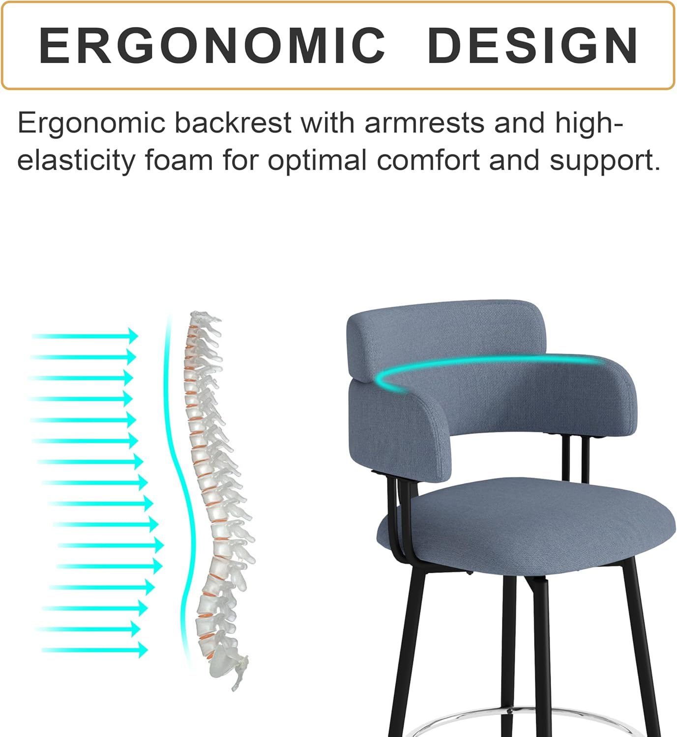 Swivel Bar Stools Set of 2, Counter Height Bar Stools with Ergonomic Full Back, Upholstered Linen Fabric Barstools with Chrome Metal Footrest for Kitchen Island, Dining Room