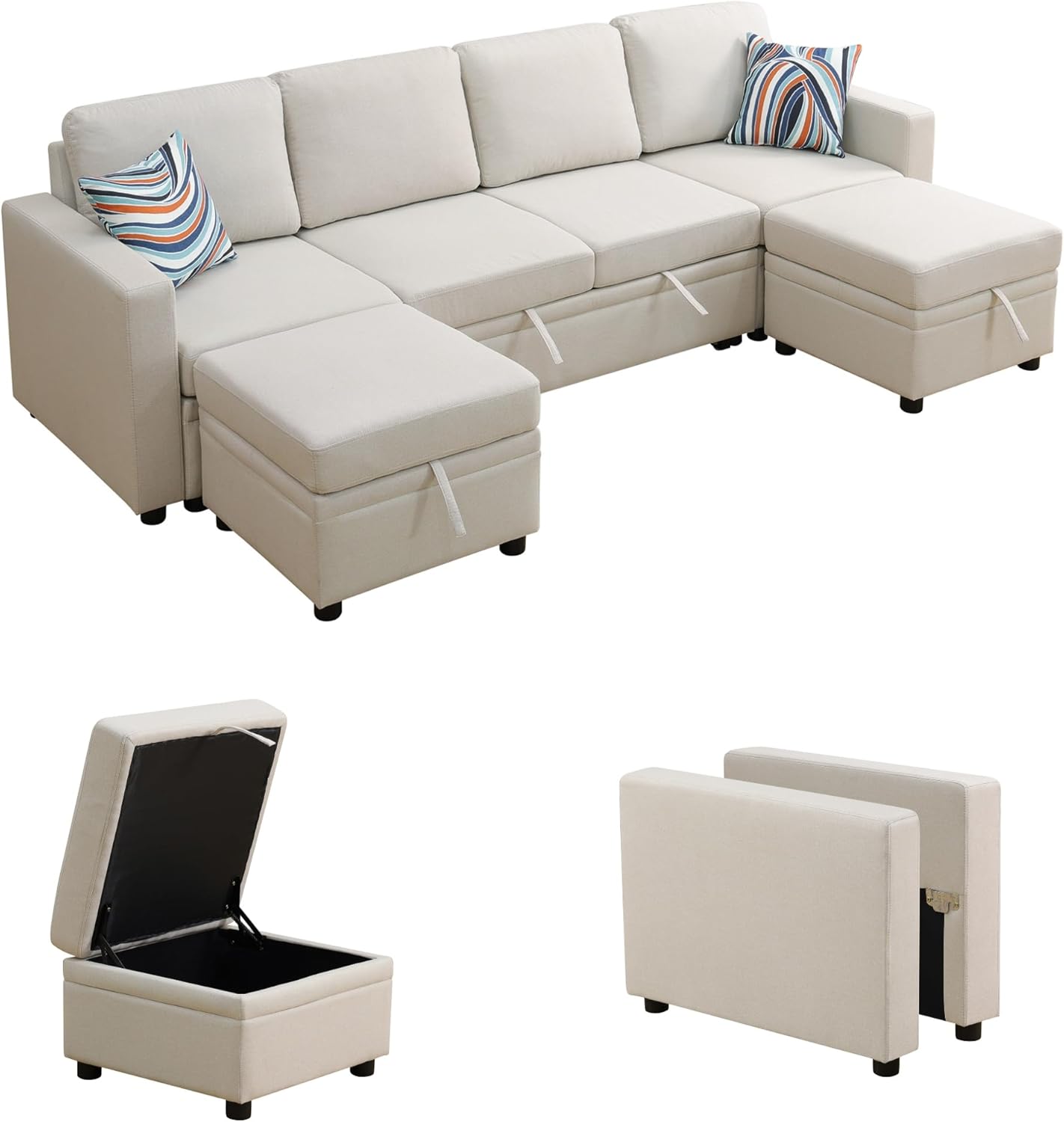 102 Inch L Shaped Sectional Couch with Pull Out Bed, 6-Seat Sleeper Sofa with Storage Ottoman, Convertible Sofa Bed for Living Room, Apartment, Off White