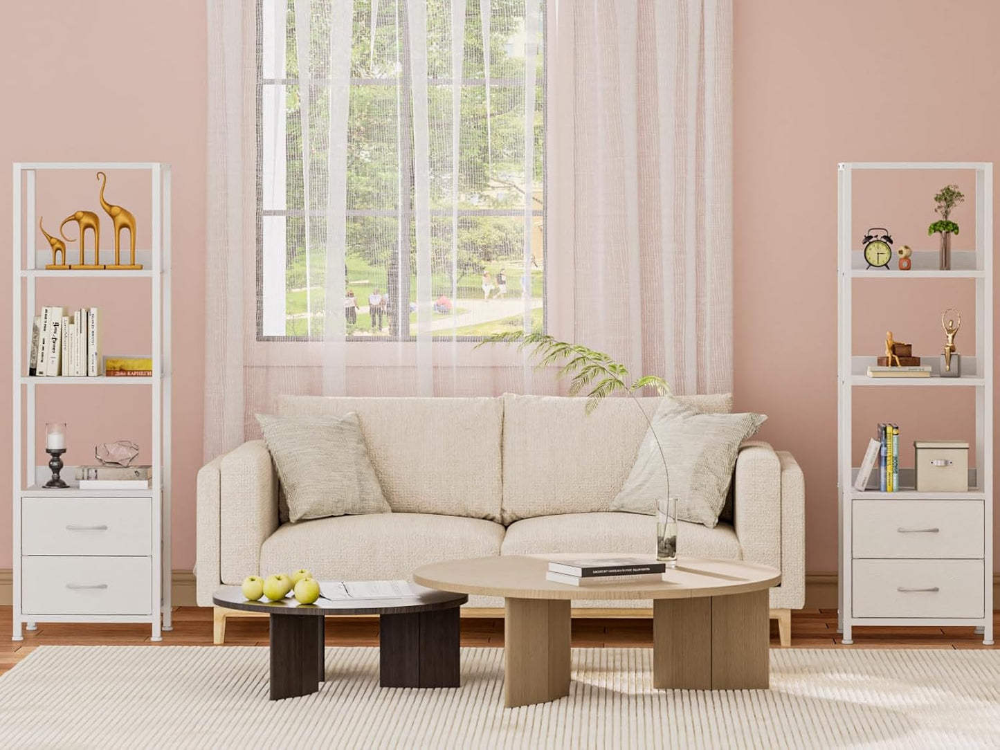 Furnulem 4-Tier Corner Shelf, Bookshelf with 2 Storage Drawers, 57.28”Tall Narrow Bookcase, Standing Shelf Organizer Unit for Living Room, Bedroom, Metal Frame, Wood Display Shelf