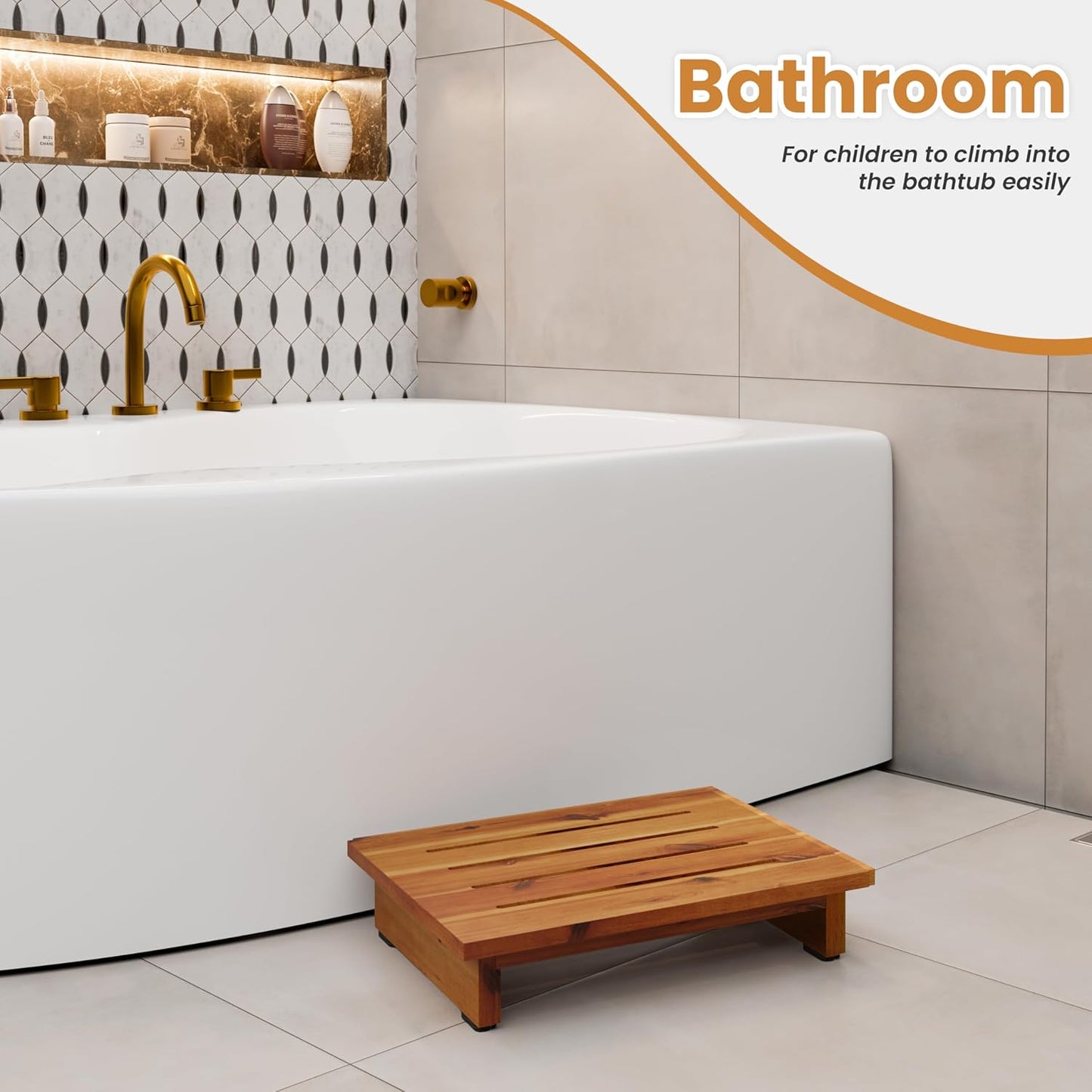 Holana 3.5in Height Wooden Step Stool for Adults (Fully Assembled) - 200 Lbs One Step Stools for High Bed Riser - Small Stepping Stool for Elderly, Seniors, Kid/Bathroom, Bed, Kitchen (Acacia Wood)