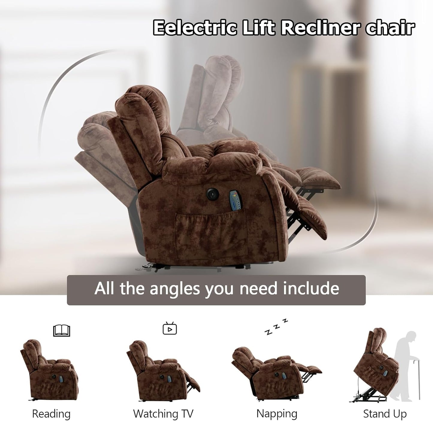 Phoenix Home Large Power Lift Recliner with Massage and Heat for Elderly, Electric Chair with USB Port, 2 Hidden Cup Holders, Dark Grey