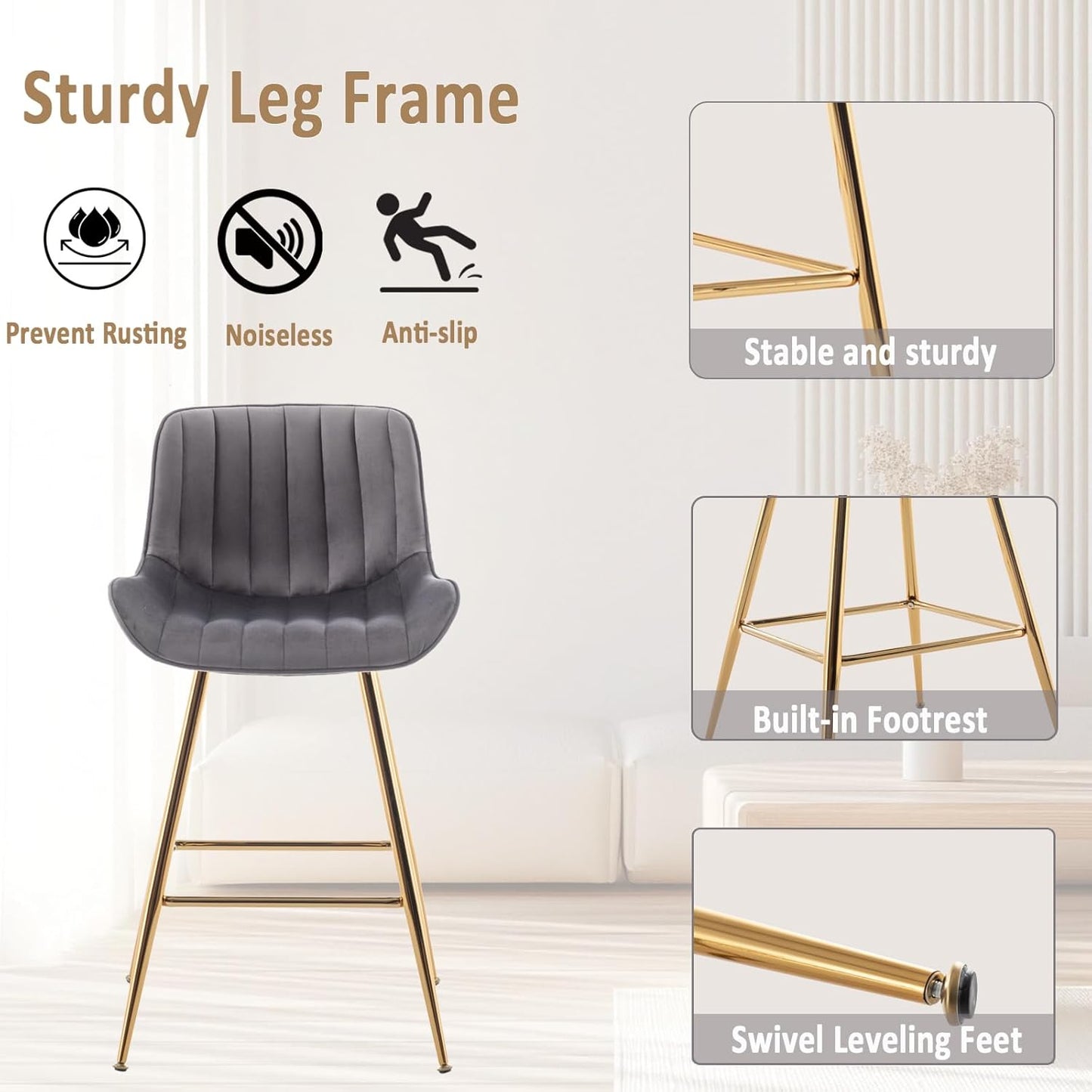 Sidanli Gold Bar Stools, 24” Velvet Barstools, Kitchen Chairs Set of 2 for Counter Height with Back and Footrest, Gray