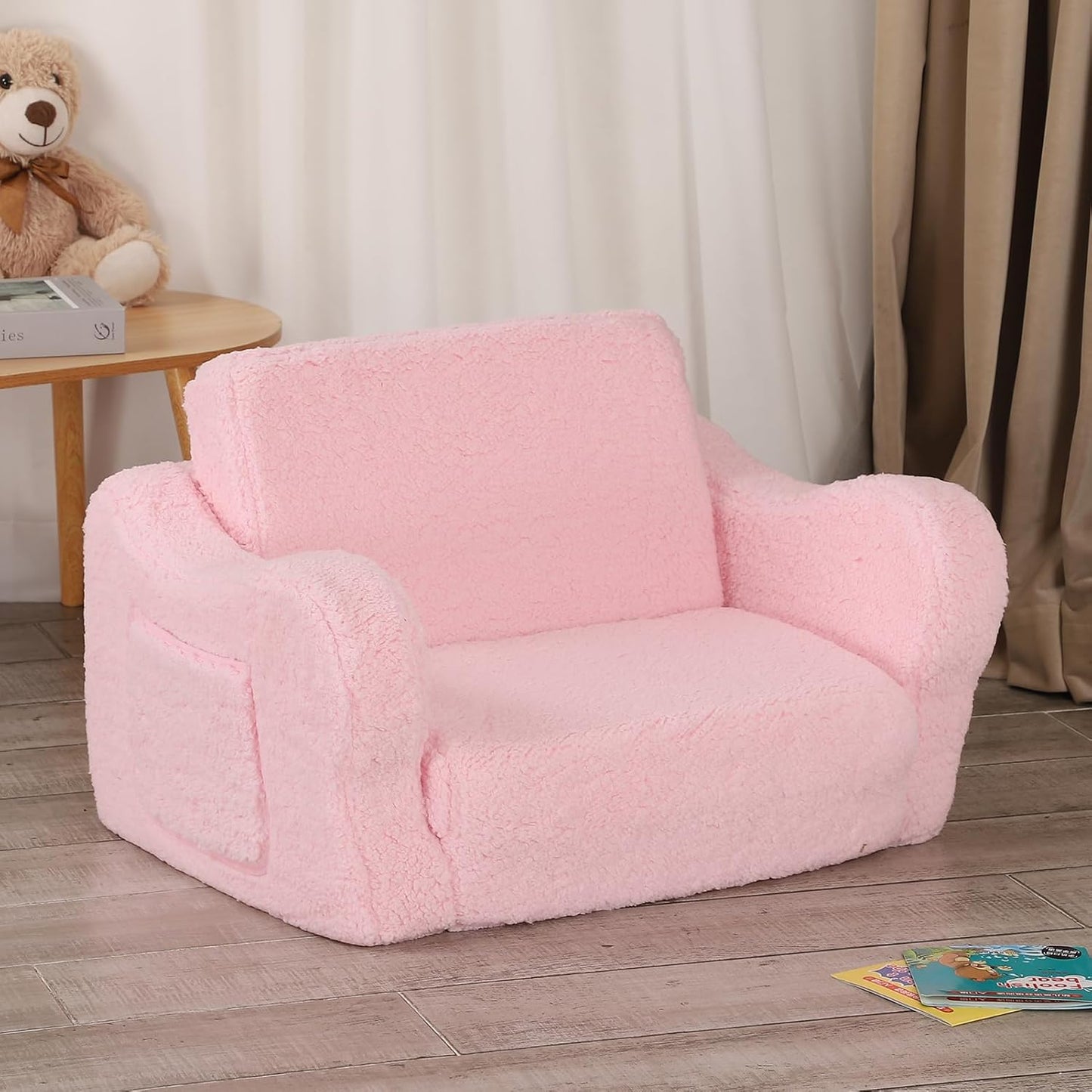 Comfy Toddler Chair, 2-in-1 Toddler Couch Fold Out, Convertible Sherpa Sofa to Lounger for Boys & Girls, Pink