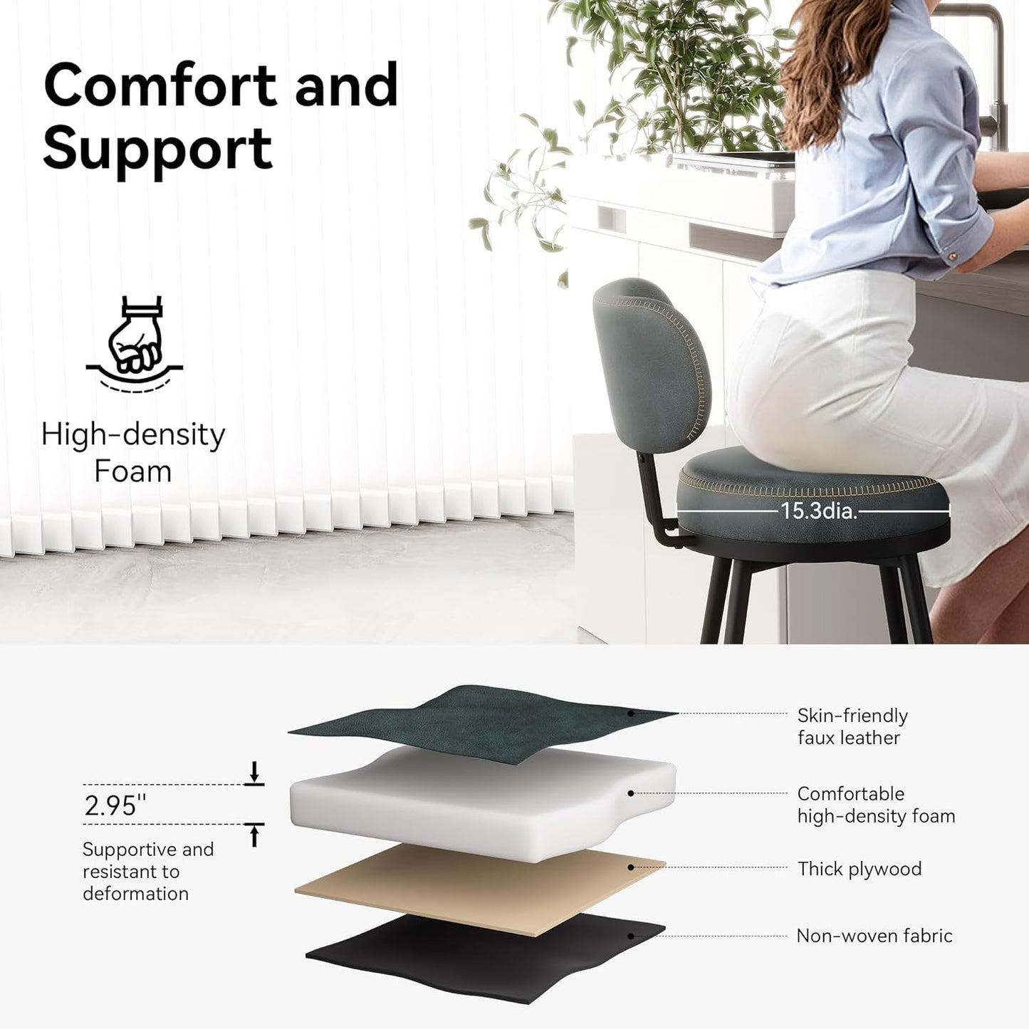 Counter Height Bar Stools, 26" H Swivel Barstools Set of 4, Faux Leather Kitchen Counter Stools with Back and Stylish Stitching, Metal Frame, Pub, Home Bar, Balck Green