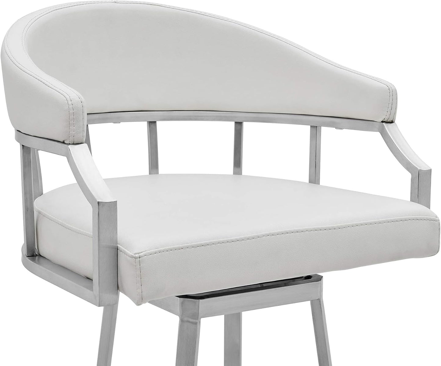 Armen Living Valerie Modern 26" Seat Height White Faux Leather and Brushed Stainless Steel Metal Swivel Bar Stool for Kitchen Island Counter