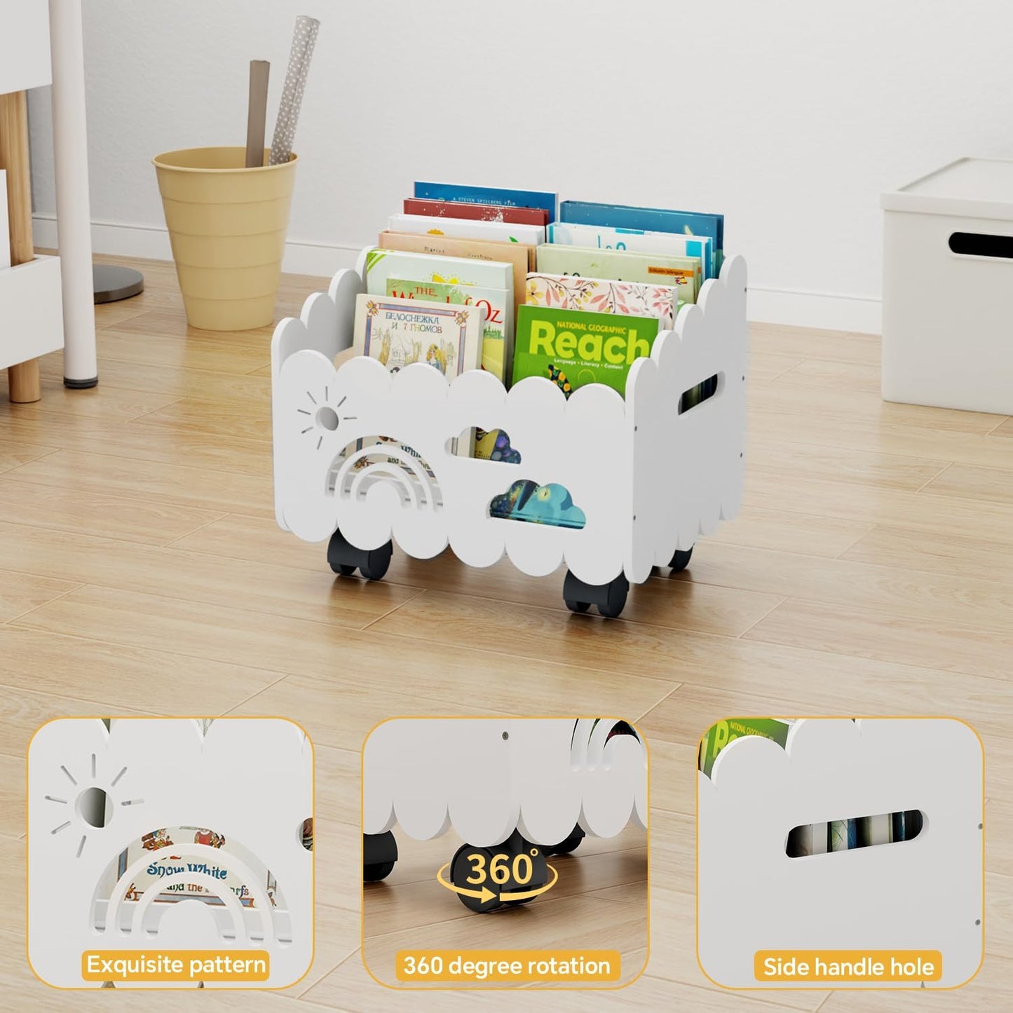 Wood Kids Bookshelf, Montessori Bookshelf, With 2 Adjustable Dividers, 4 Wheels Suitable Kids Rooms, Nursery & Classroom, Book Shelf For Kids Rooms, Toddler Book Rack, Nursery Book Shelves White