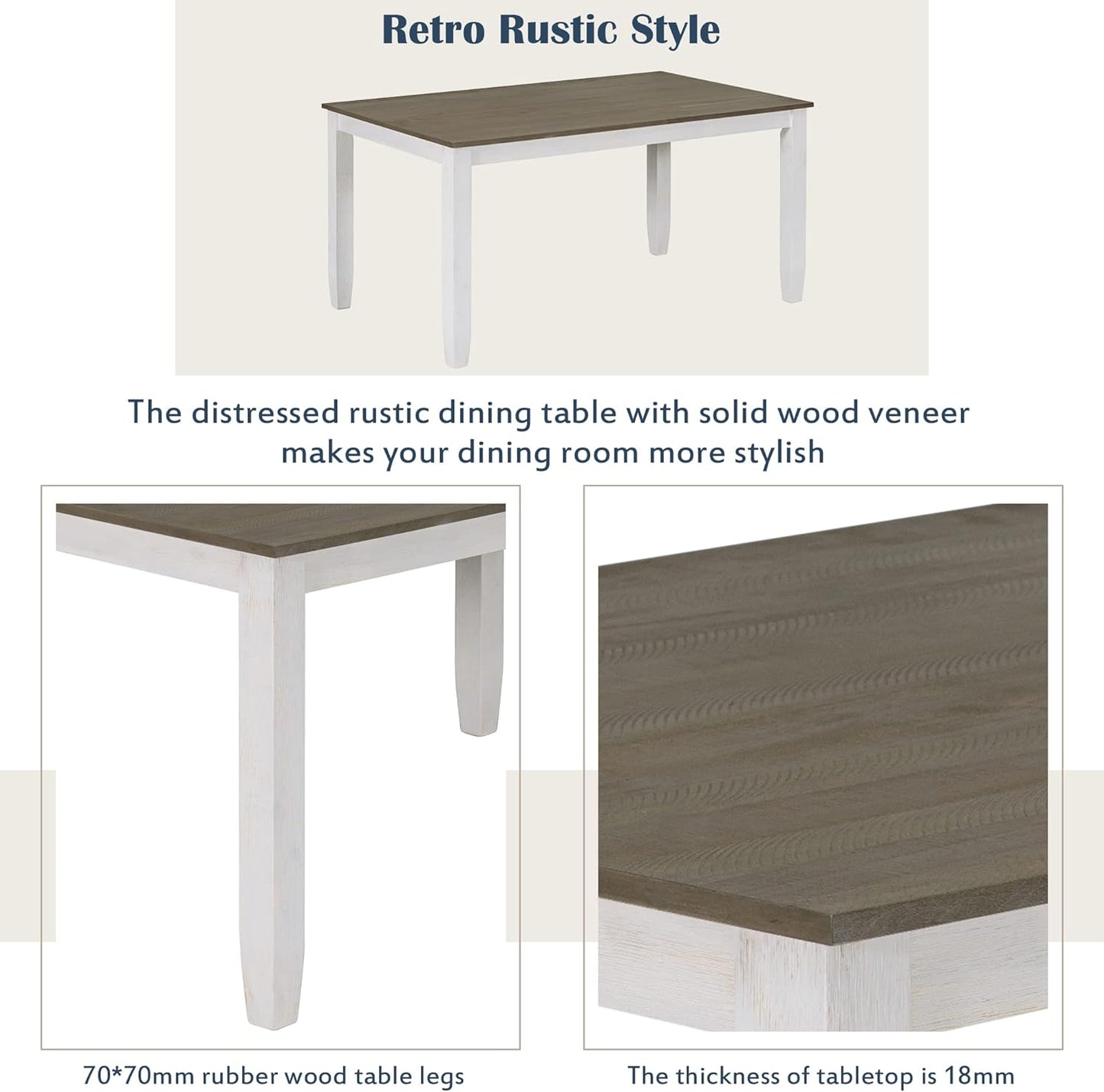 Ball & Cast 6 Piece Dining Table Set with 4 Upholstered Chairs & 1 Bench,Wooden Living Room Furniture W/ 60" Rectangle Kitchen Desk,for Restaurant,Home Bistro,Brown+White Wash