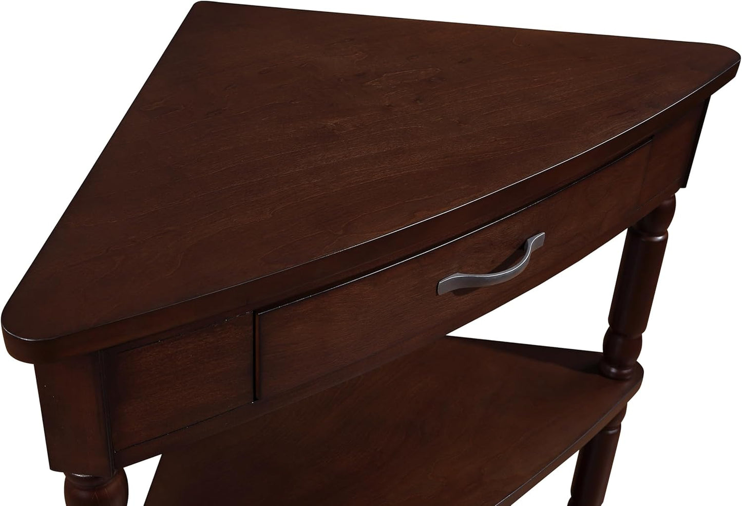 GDFStudio Trmxmbi 3 Tier Corner Console Table with 1 Storage Drawers and Shelves, 33.8'' Rustic Wood Triangle Sofa End Table for Small Spaces, Solid Wood Legs, Light Espresso