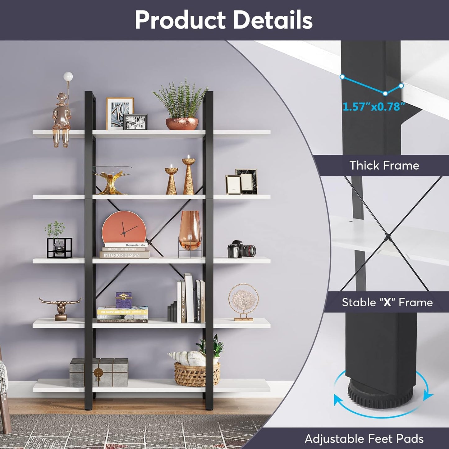 Tribesigns 5-Tier Bookshelf, Vintage Industrial Style Bookcase 72 H x 12 W x 47L Inches, White