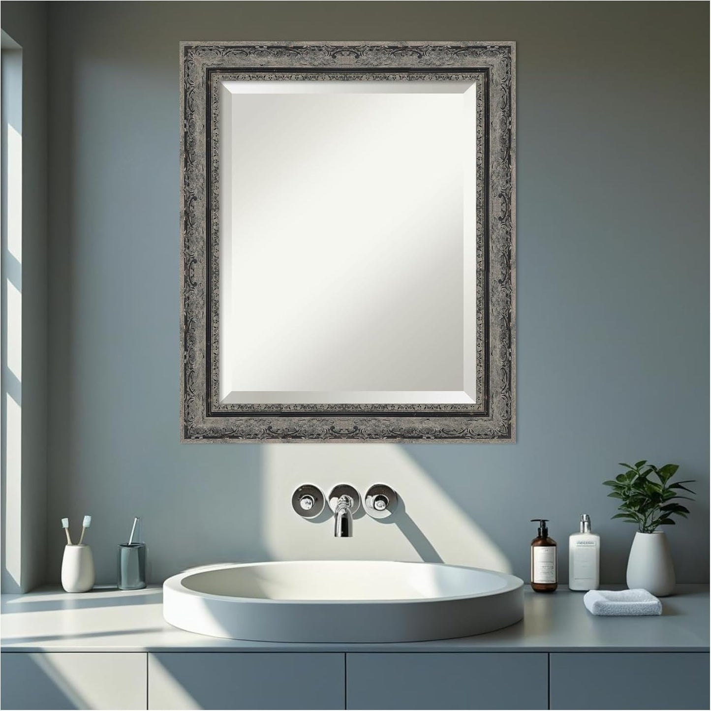 Amanti Art Bathroom Mirror for Over Sink, 25x21 Filigree Matte Black Rectangle Vanity Mirror, Small Traditional Frame, Hangs Horizonally and Vertically, Bathroom Wall Decor, Beveled Edge