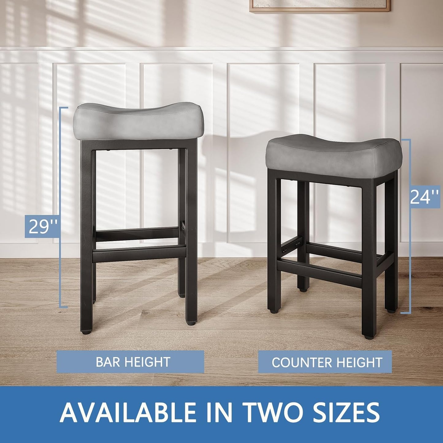 29 Inch Bar Height Bar Stools Set of 2, 29" Barstools for Kitchen Island Counter, Backless Bonded Leather Bar Height Stools with Thick Saddle Seats & Heavy Duty Metal Base, Easy Assembly, Gray/Black